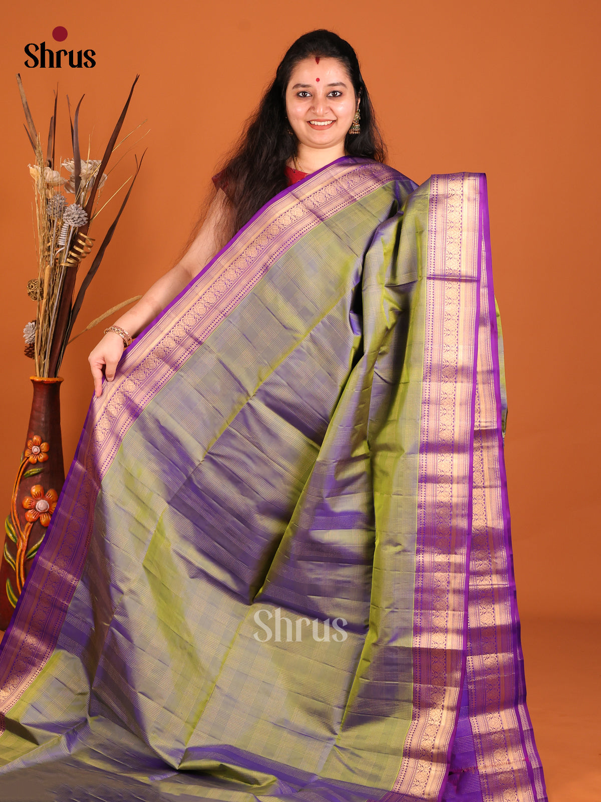 Double Shaded Green & Purple Soft Silk Saree with zari checks - Shop on Shrus.com