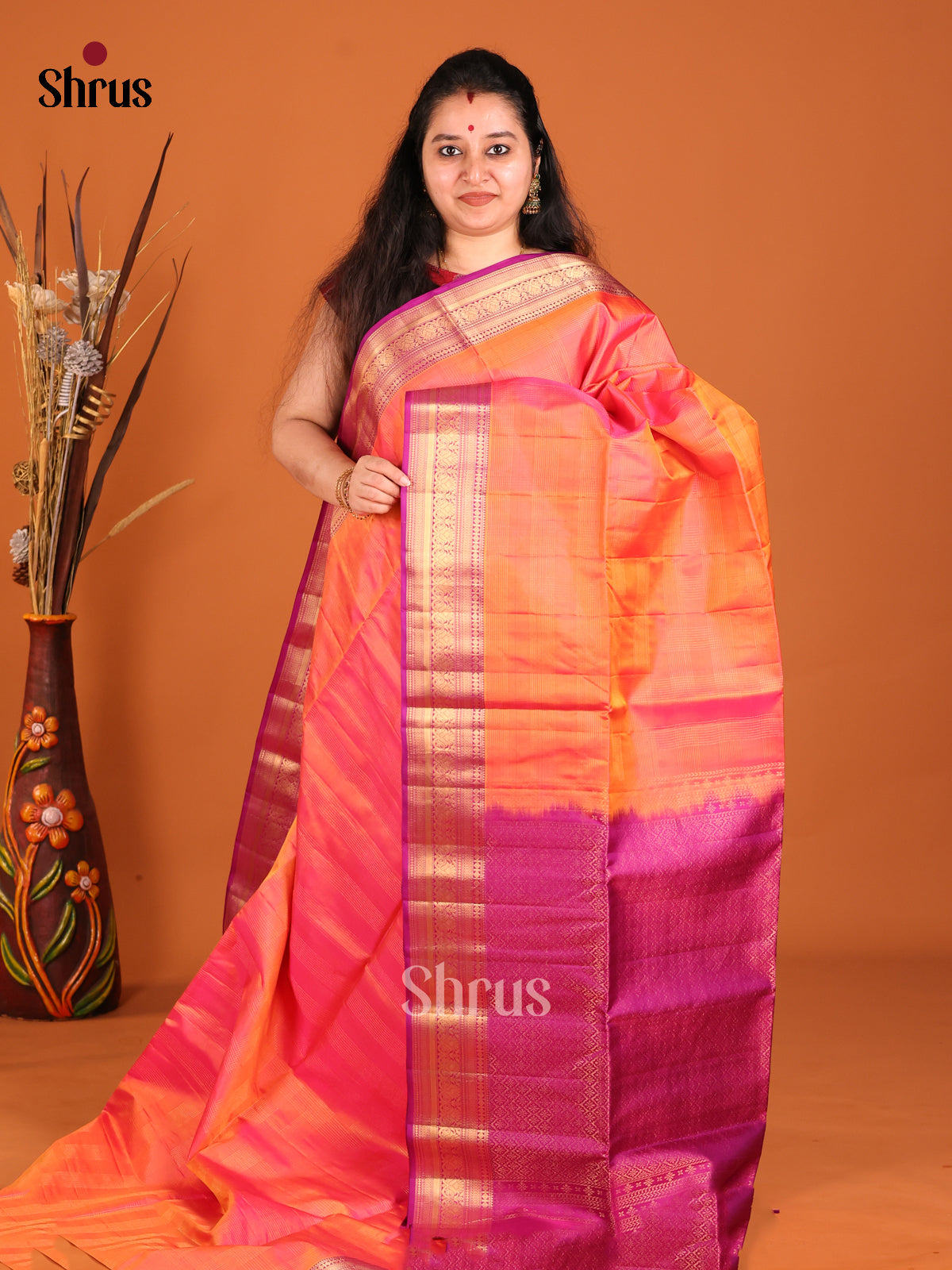 Orange & Purple Soft Silk Saree with contrast rich traditional zari border - Shop on Shrus.com