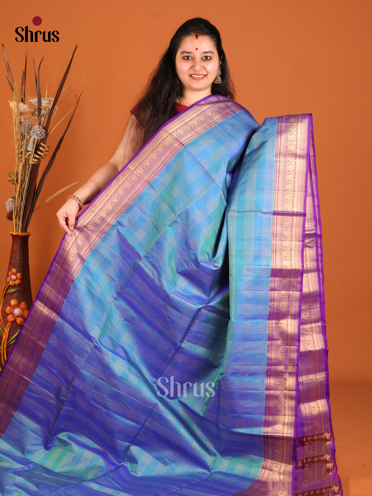 Stunning Blue Soft Silk Saree with zari checks & traditional Purple zari border -1