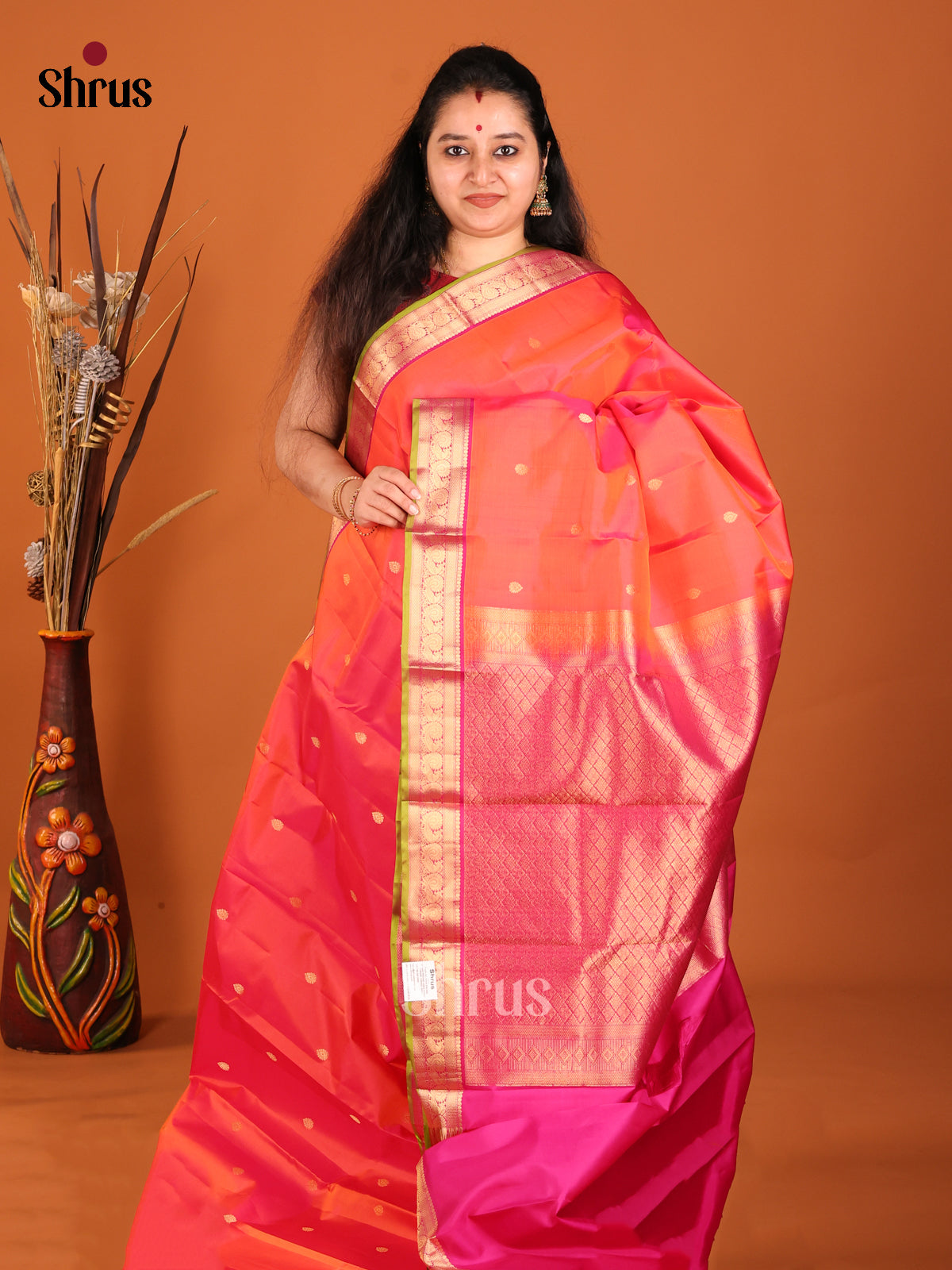 radiant orange and pink Kanchipuram Butta design Saree