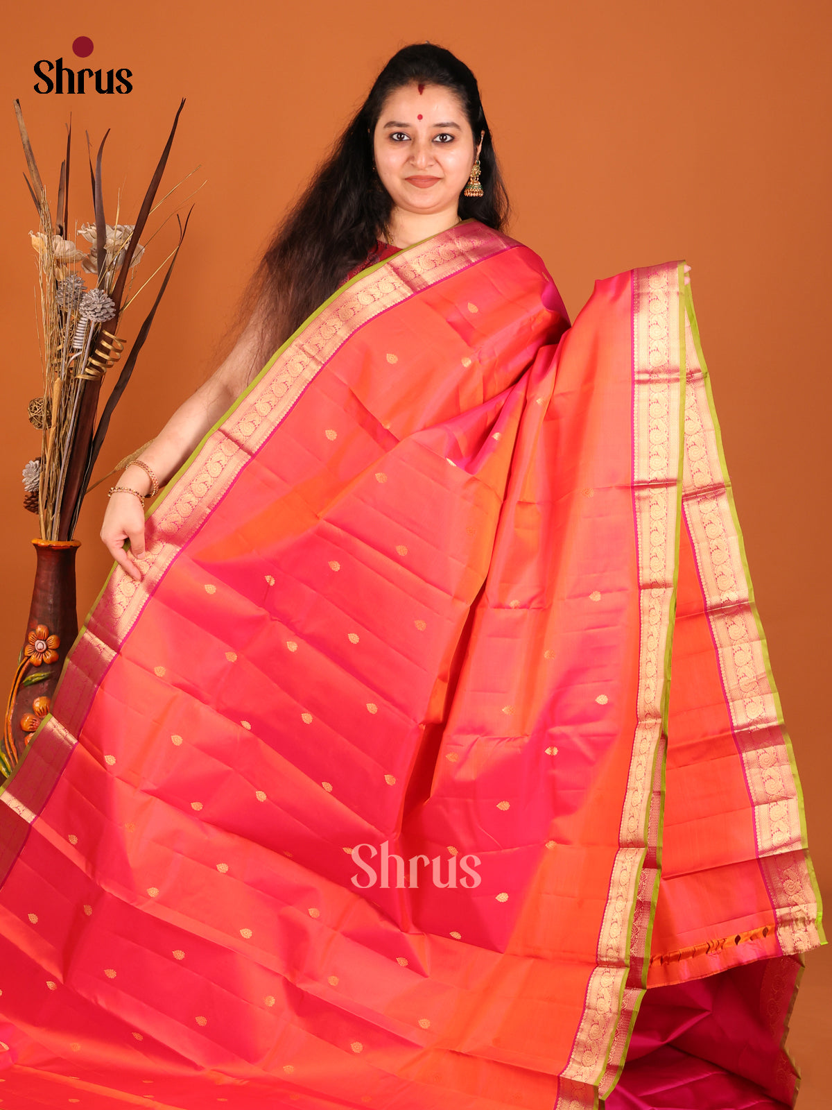 radiant orange and pink Kanchipuram Butta design Saree -1