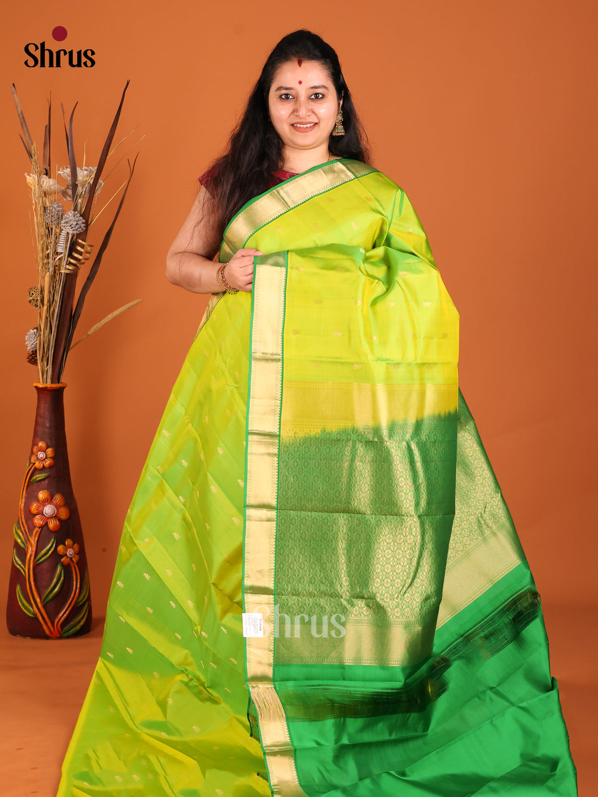 yellow green and green Kanchipuram Butta design Saree