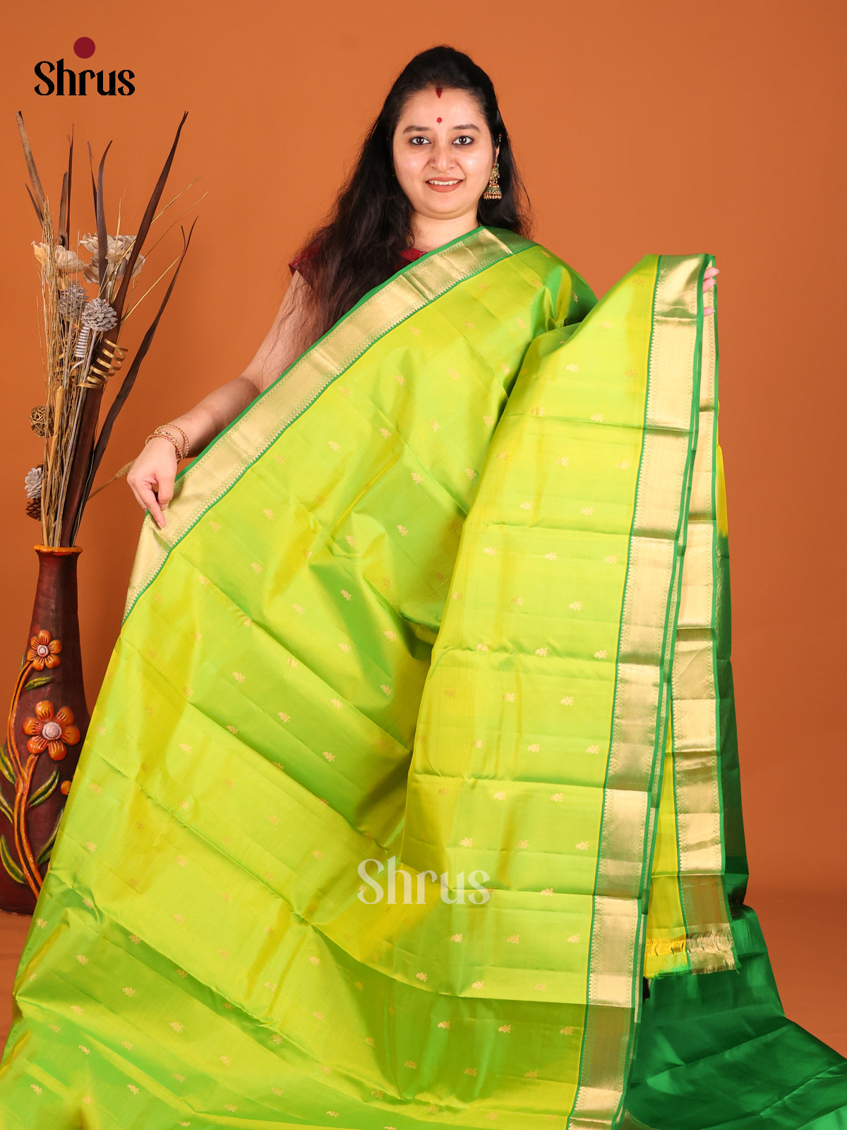 yellow green and green Kanchipuram Butta design Saree -1