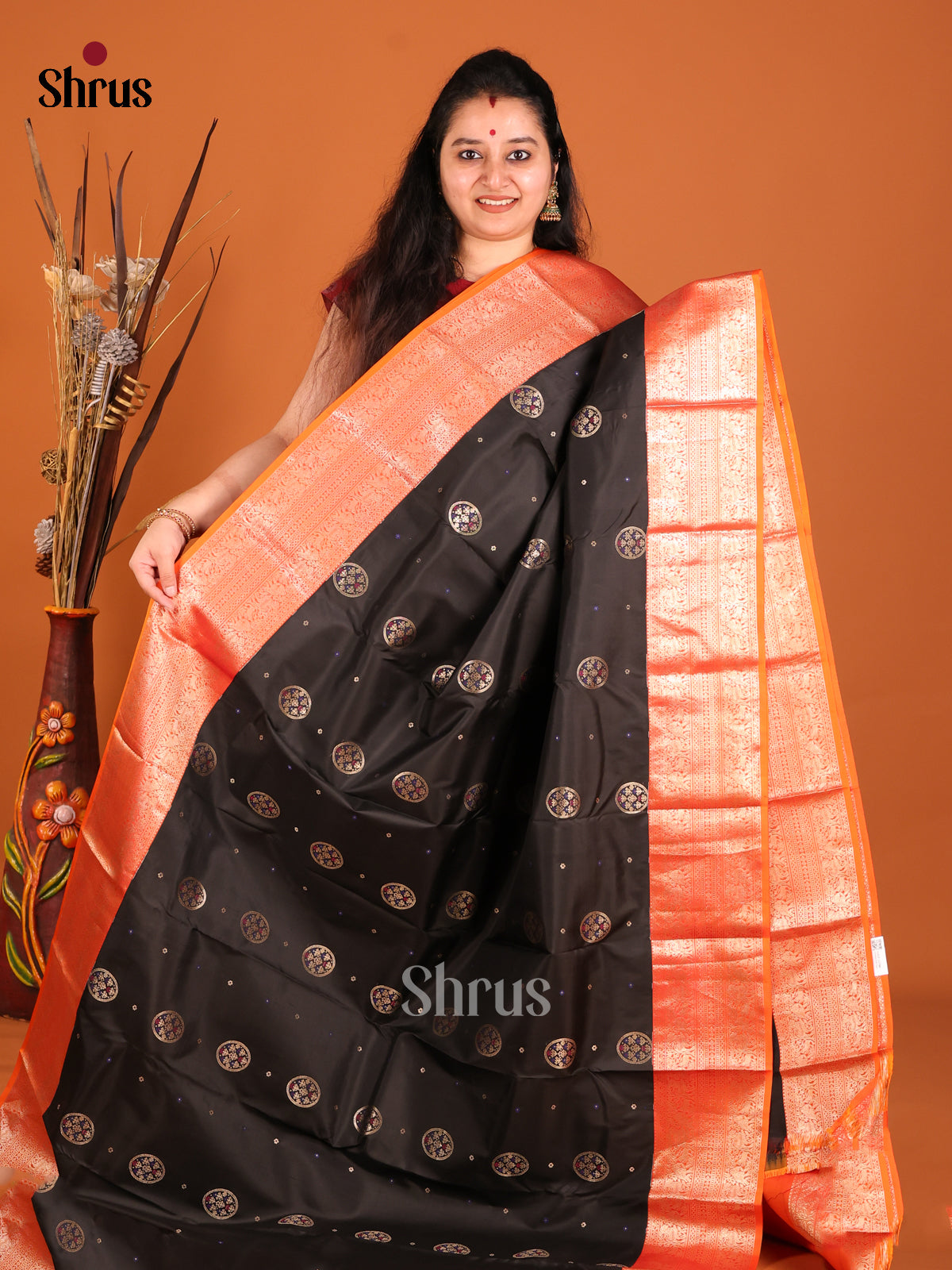 Black and orange Kanchipuram Butta design Saree -1