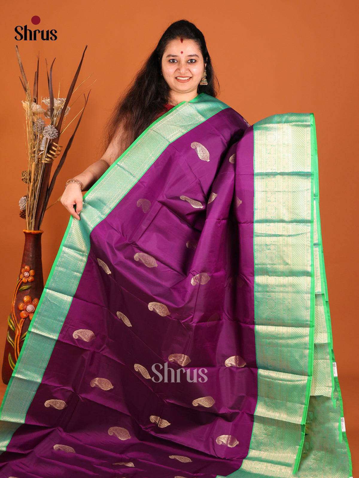 Purple & Green Kanchipuram Butta design Saree with paisley motifs -1