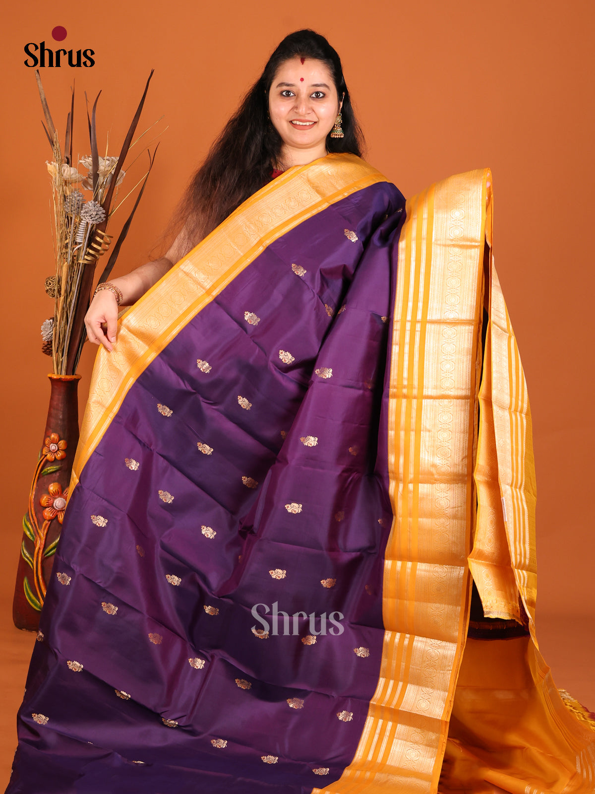 Purple and yellow Kanchipuram Butta design Saree -1