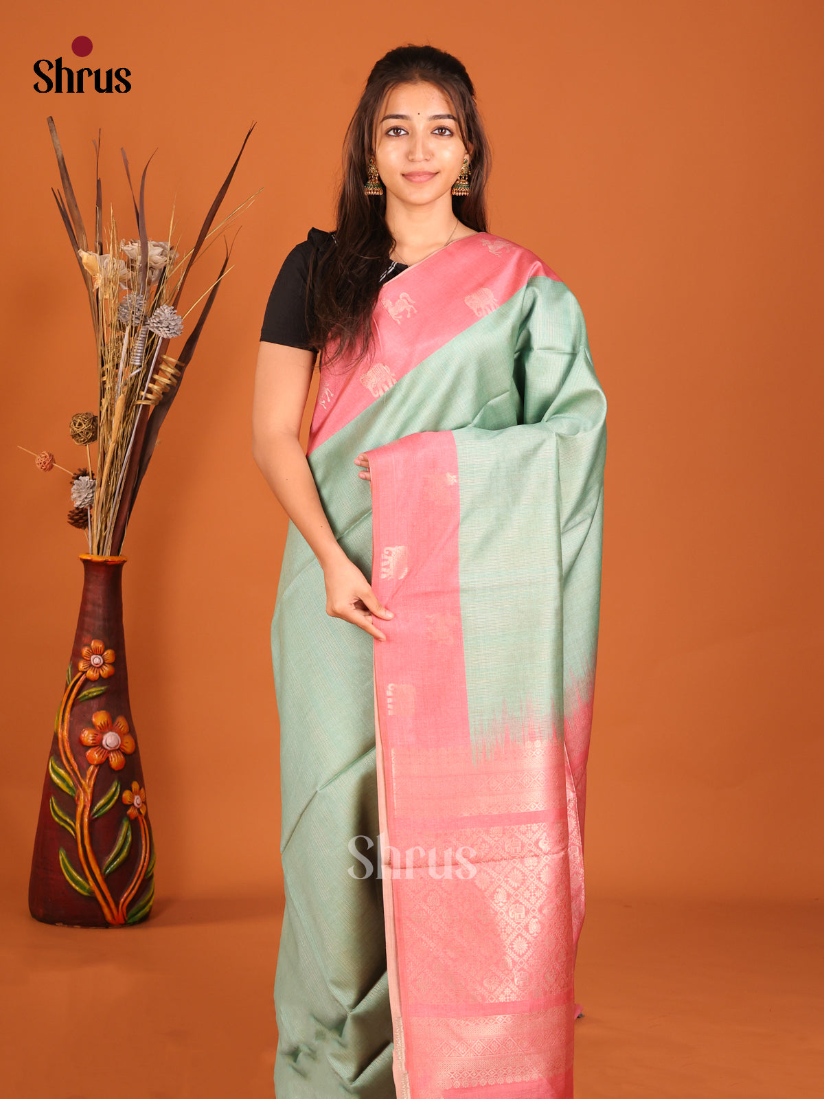 Green & Orangish PInk - Semi Tussar Saree - Shop on Shrus.com