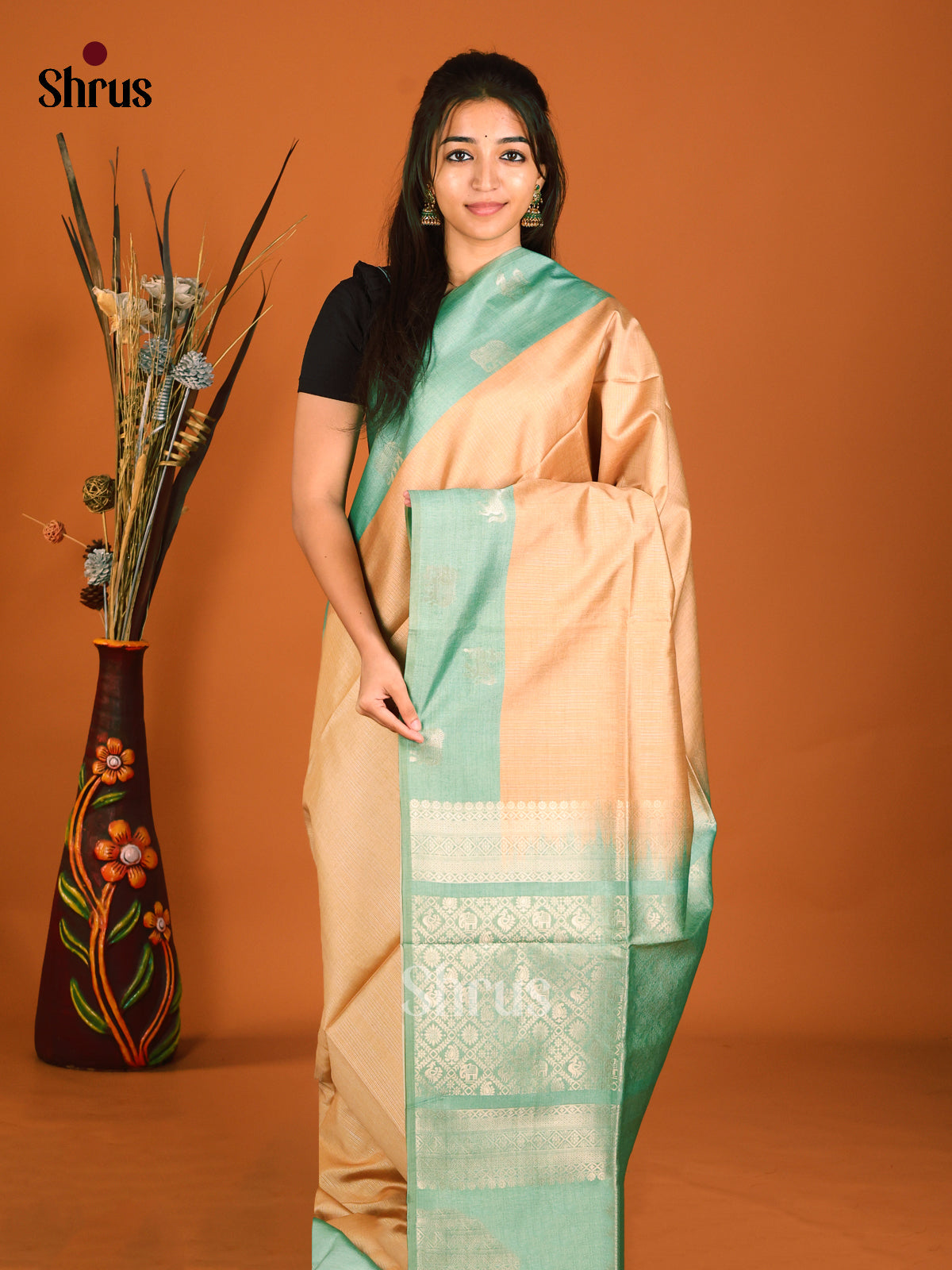 Peach & Green - Semi Tussar Saree
