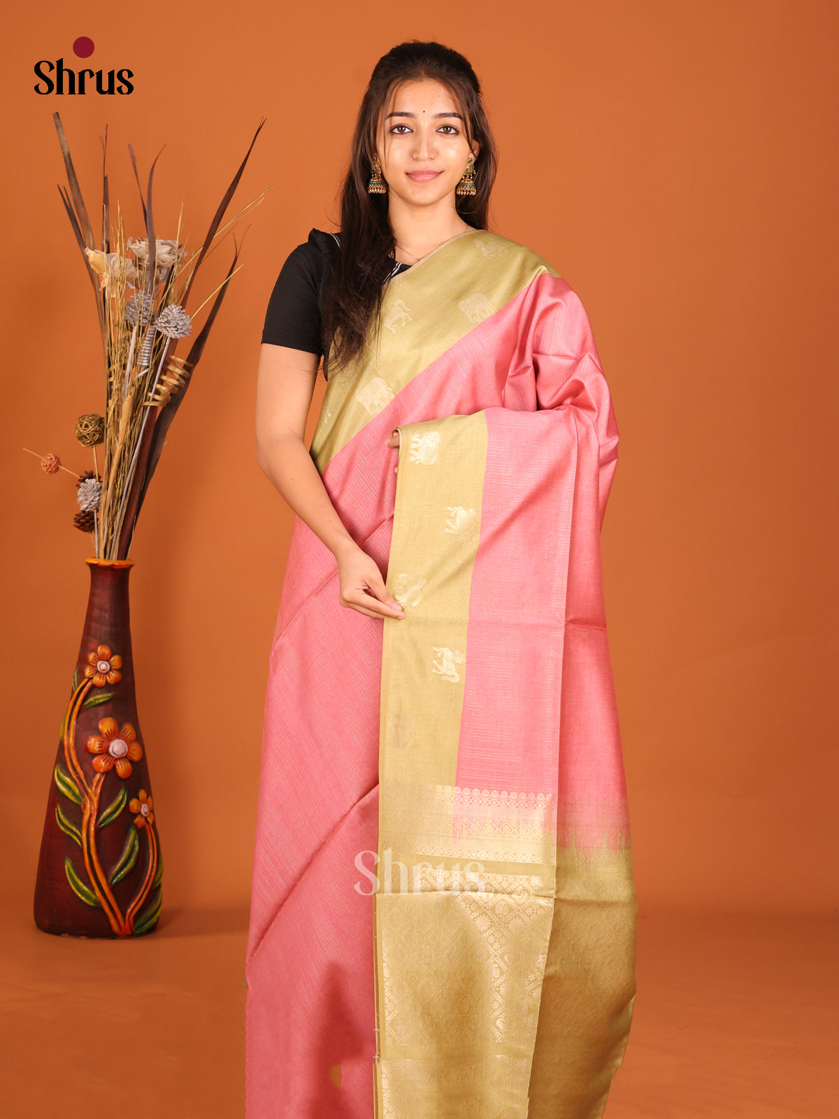 Pink & Green - Semi Tussar Saree - Shop on Shrus.com