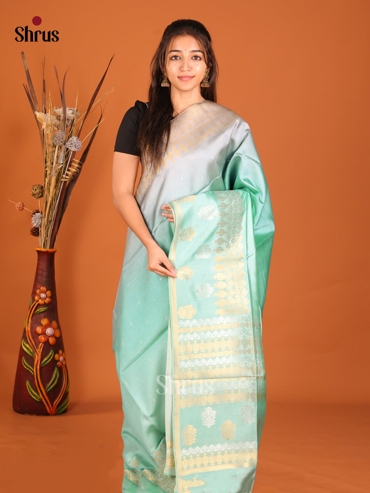 Pastel Green & Grey - Semi Tussar Saree