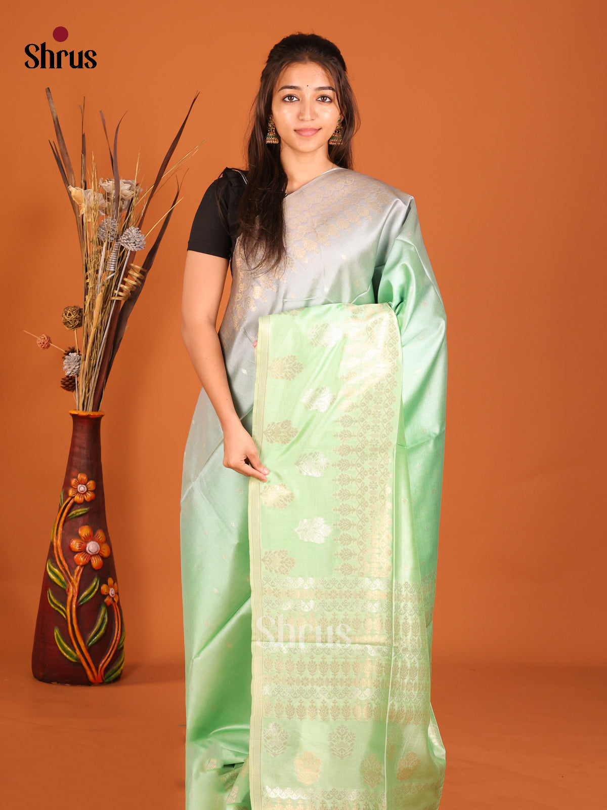Pista Green & Grey- Semi Tussar Saree
