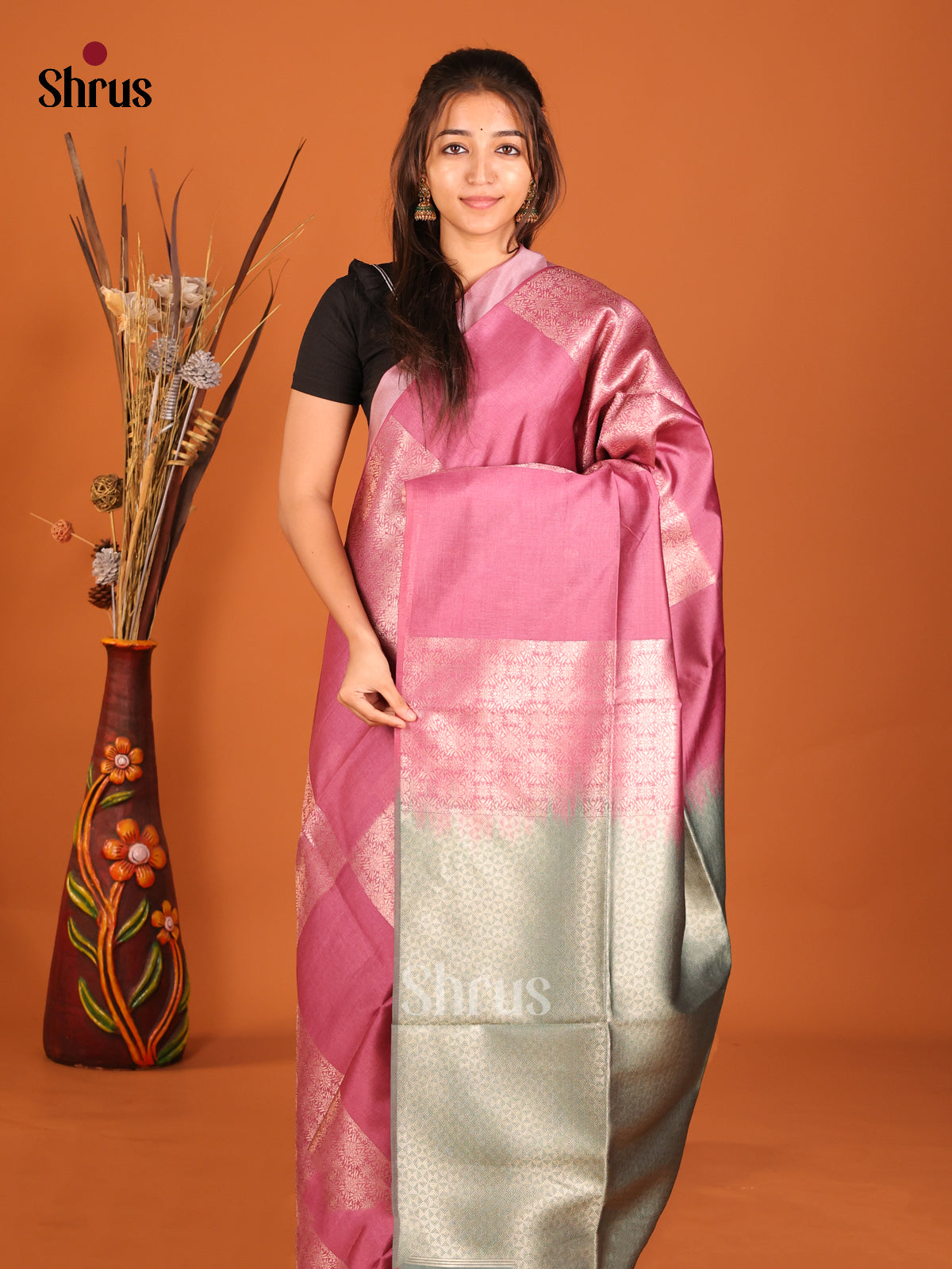 pink & Pastel Green - Semi Tussar Saree - Shop on Shrus.com