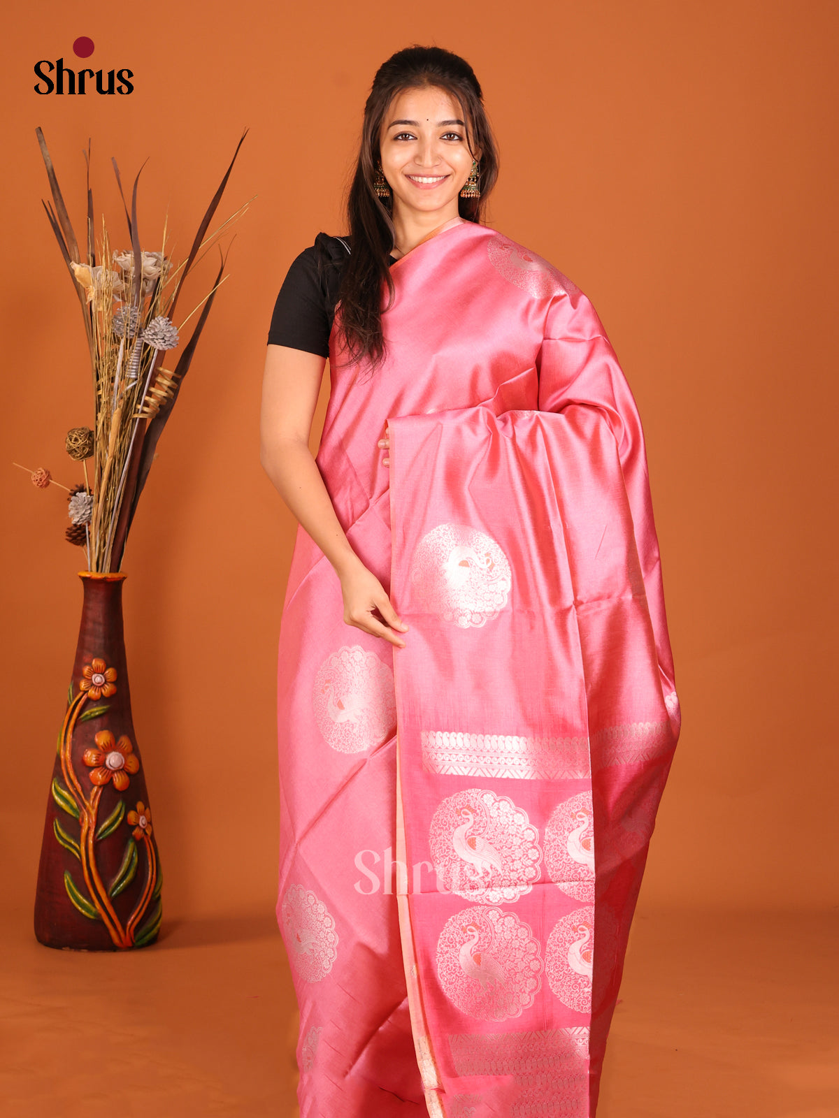Pink(Single Tone) - Semi Tussar Saree - Shop on Shrus.com