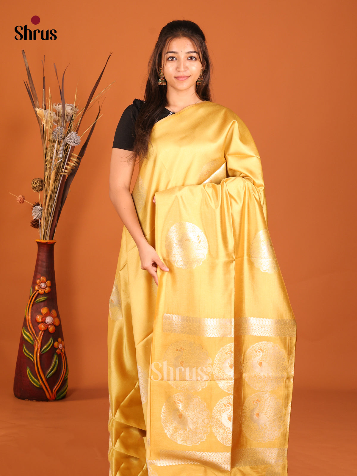 Mustard(Single Tone) - Semi Tussar Saree - Shop on Shrus.com