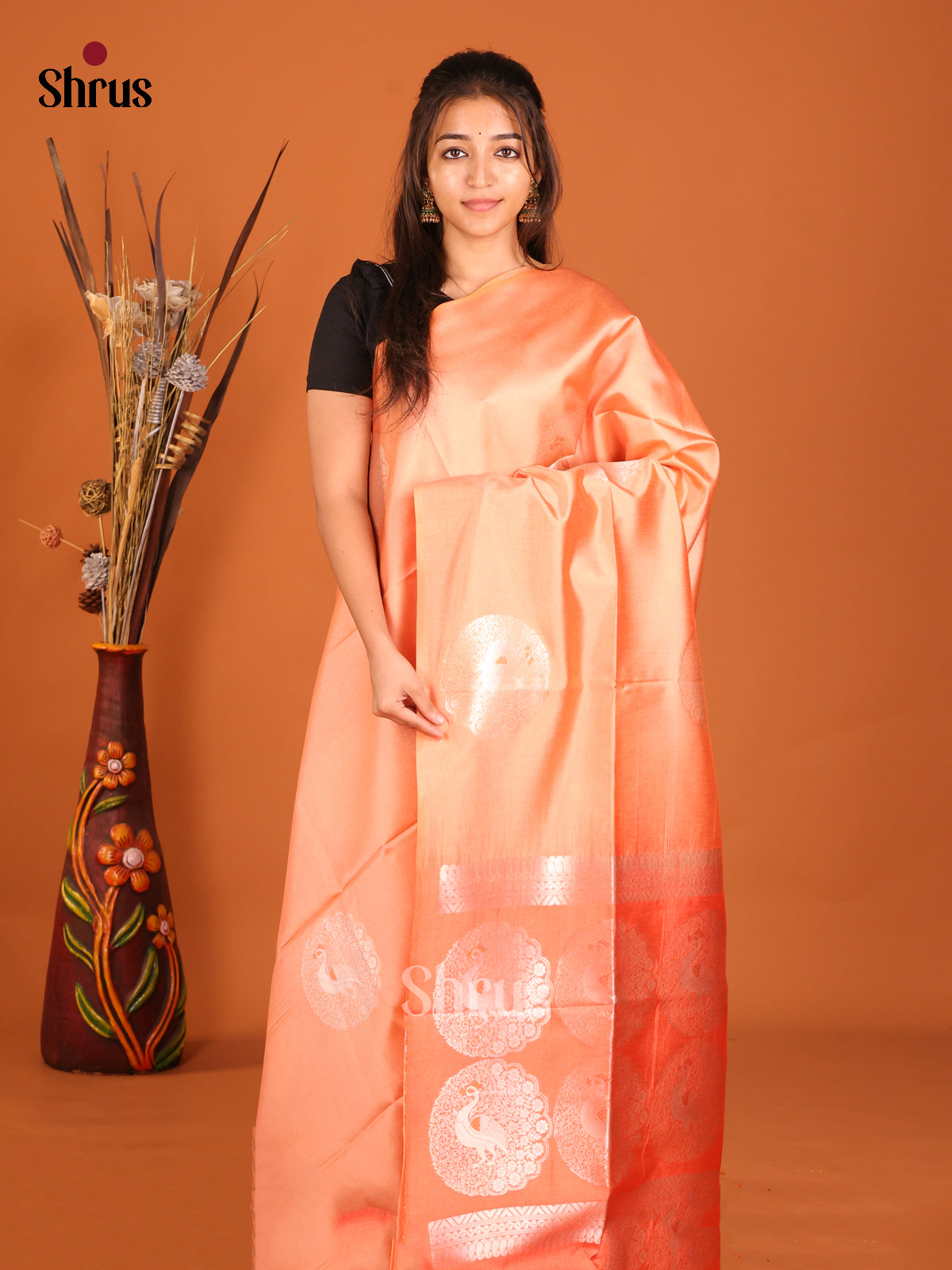 Orange - Semi Tussar Saree