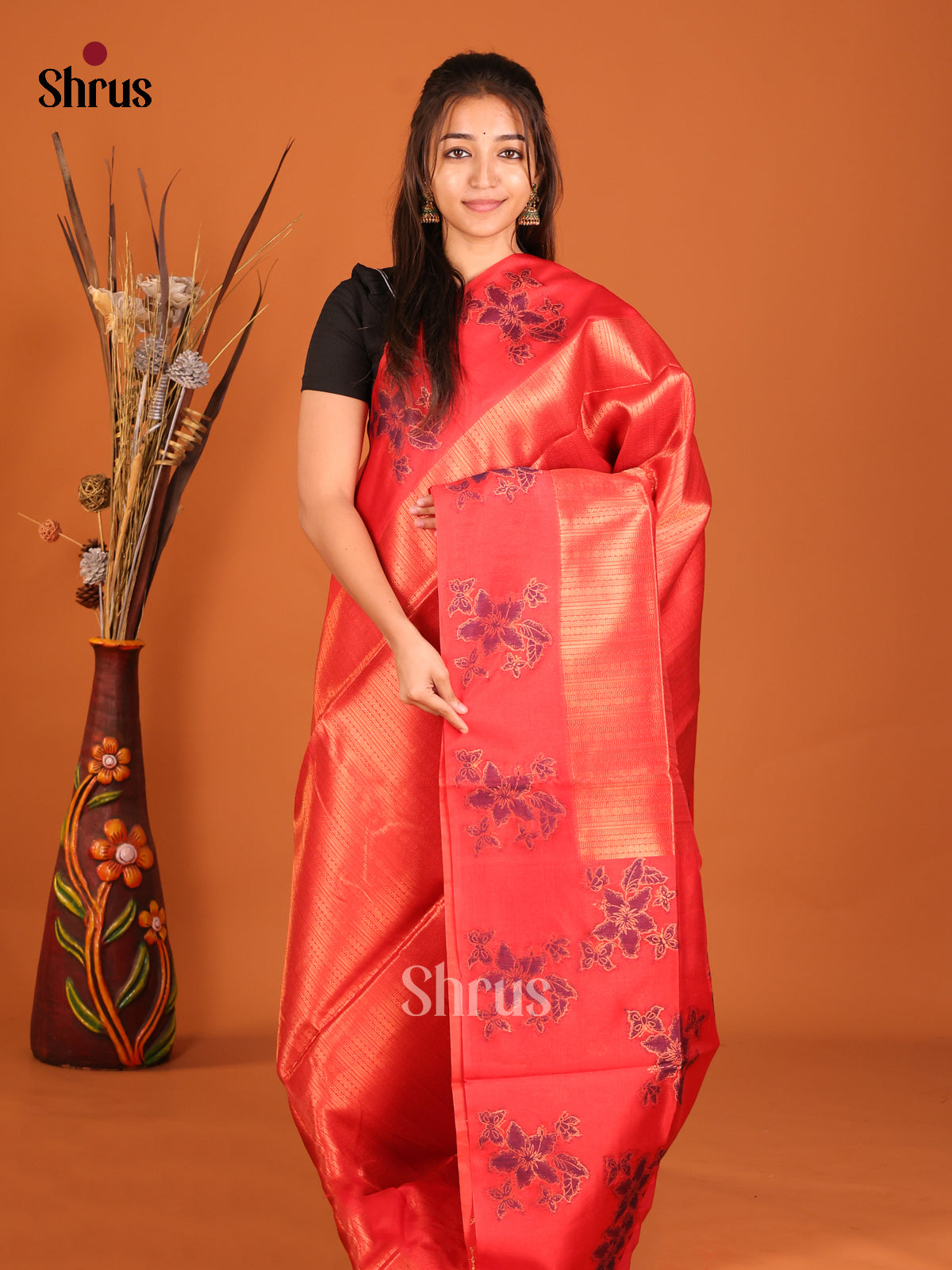 Red(Single Tone) - Semi Tussar Saree - Shop on Shrus.com