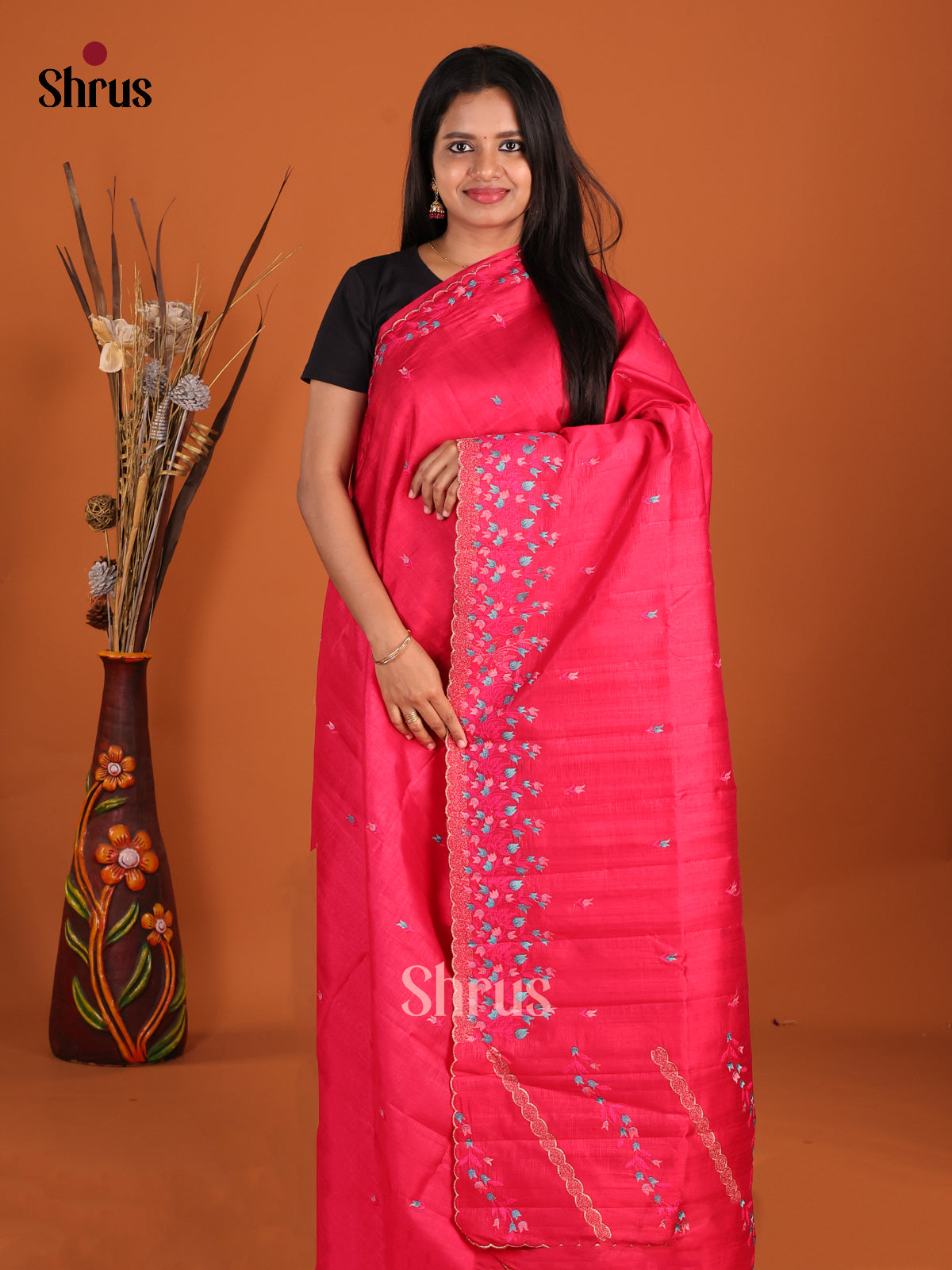 Reddish Pink - Semi Rawsilk Saree - Shop on Shrus.com