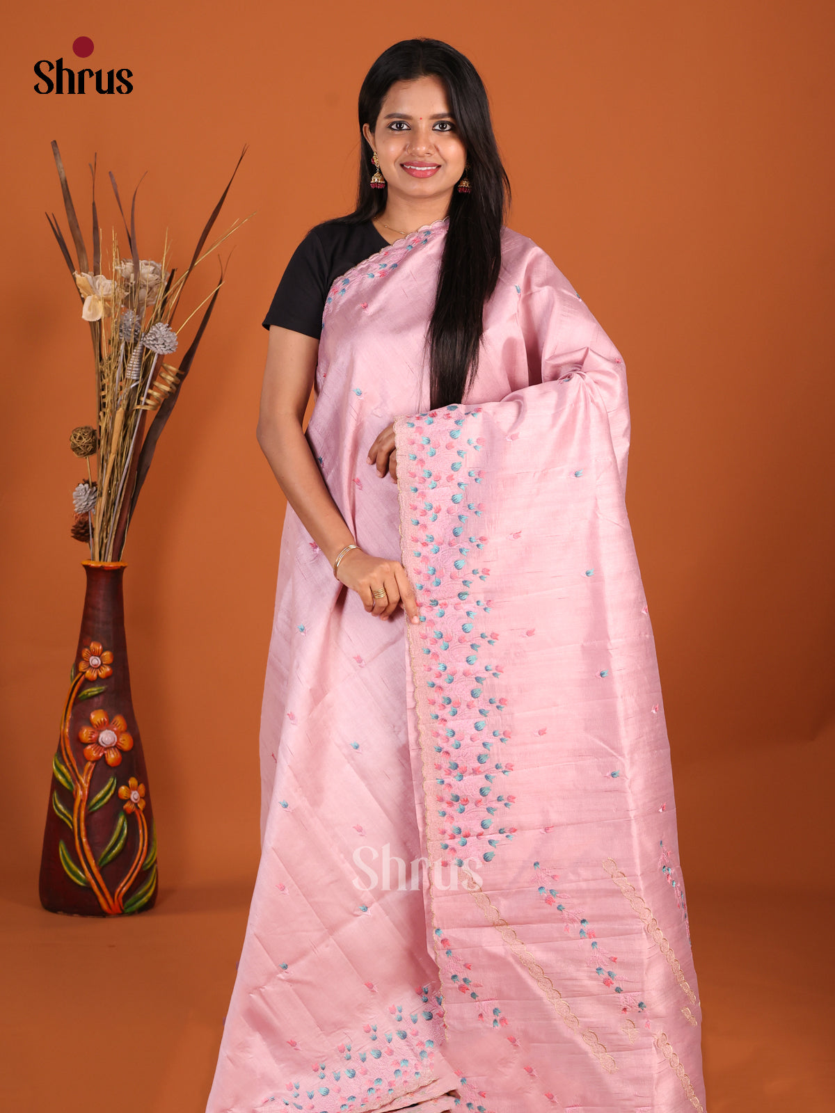 Pink- Semi Rawsilk Saree - Shop on Shrus.com