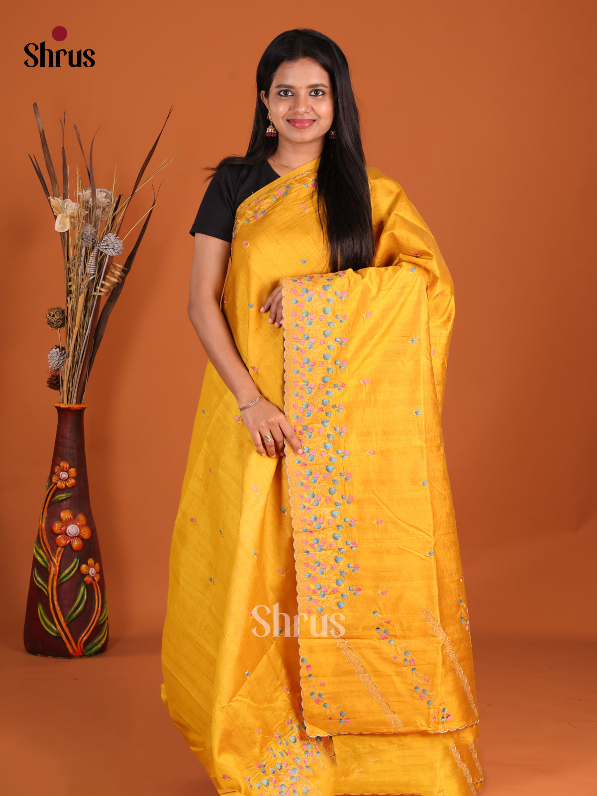 Yellow - Semi Rawsilk Saree - Shop on Shrus.com