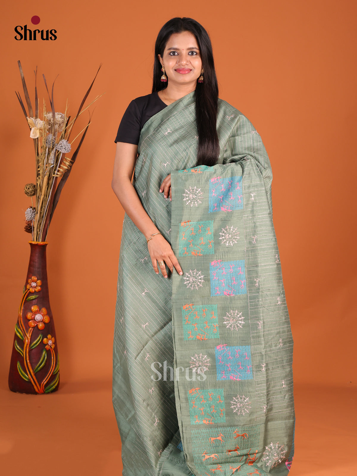 Grey Green - Semi Rawsilk Saree - Shop on Shrus.com