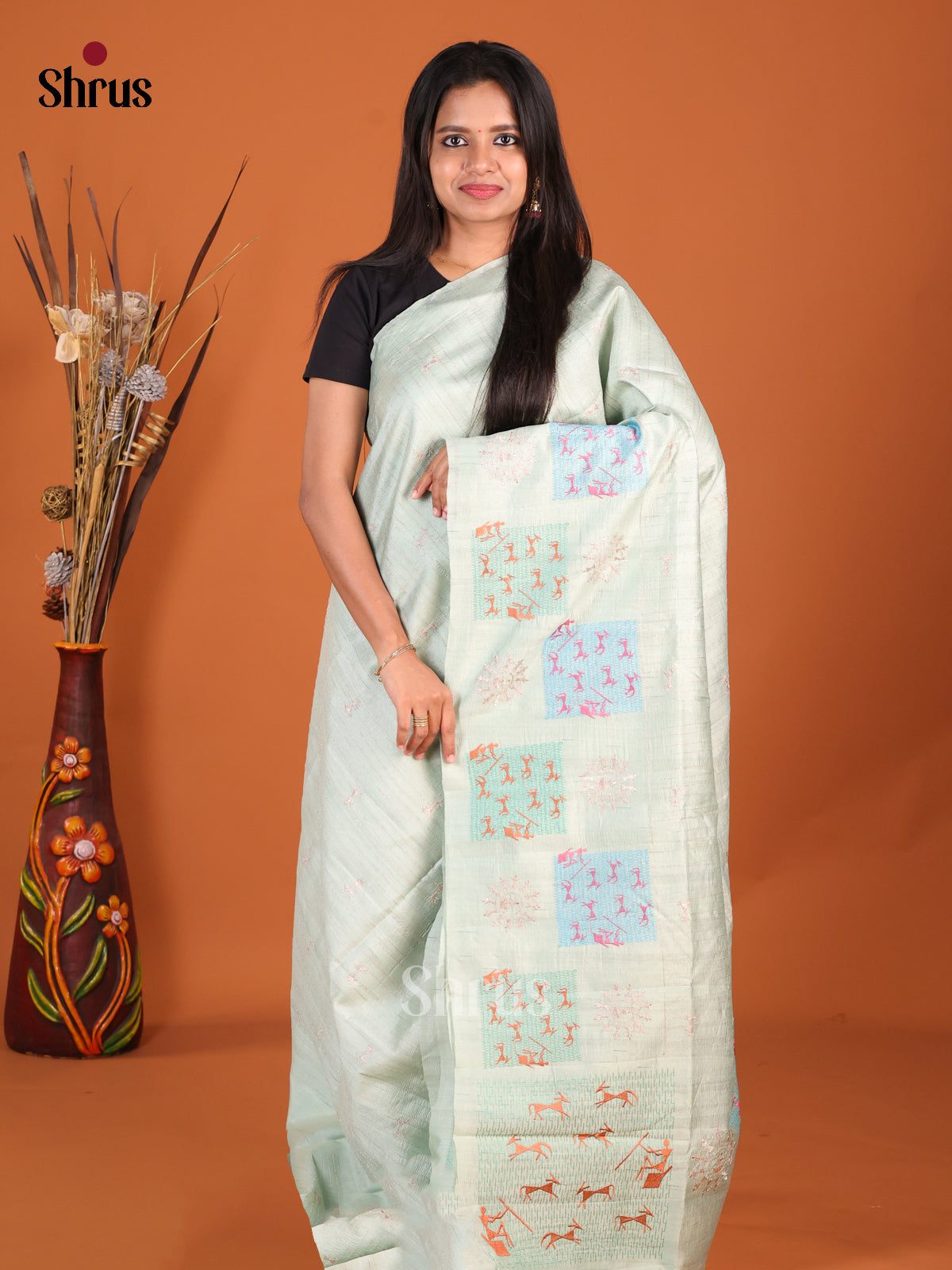 Pastel Green- Semi Rawsilk Saree - Shop on Shrus.com
