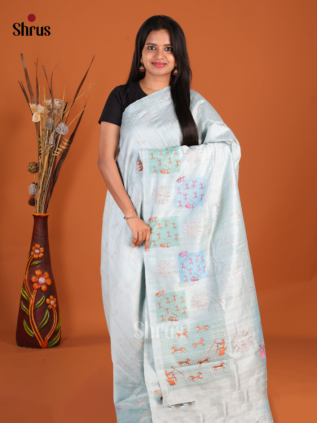 Pastel Blue - Semi Rawsilk Saree - Shop on Shrus.com