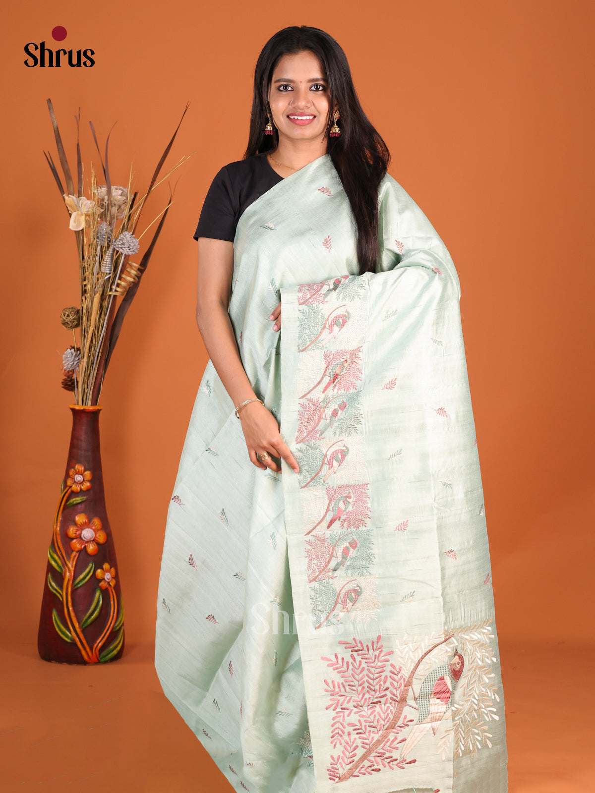 Mint Green - Semi Rawsilk Saree - Shop on Shrus.com