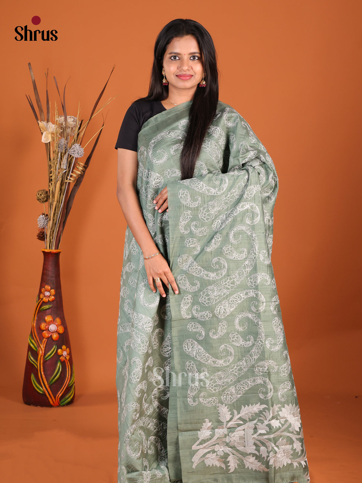 Grey Green - Semi Rawsilk Saree - Shop on Shrus.com