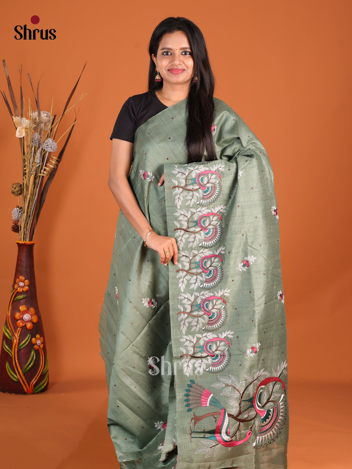 Green- Semi Rawsilk Saree - Shop on Shrus.com