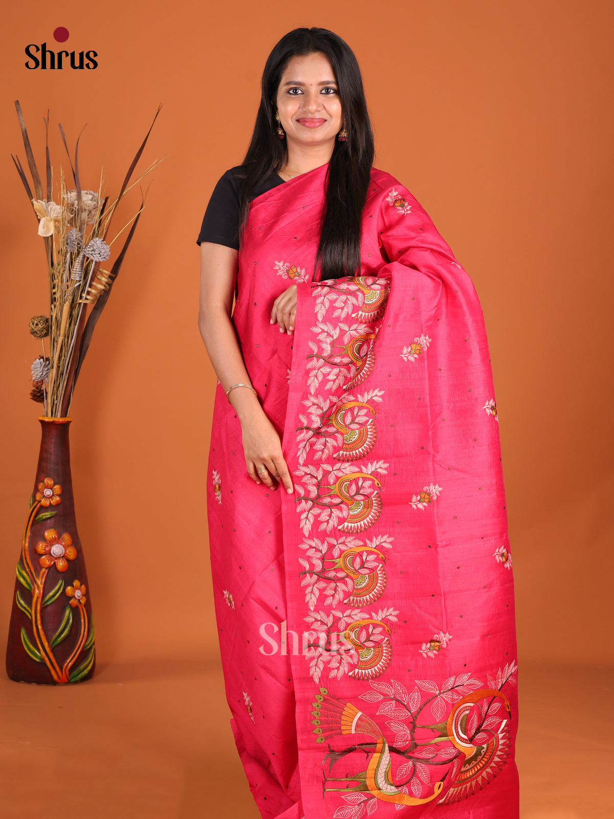 Deep Pink- Semi Rawsilk Saree - Shop on Shrus.com