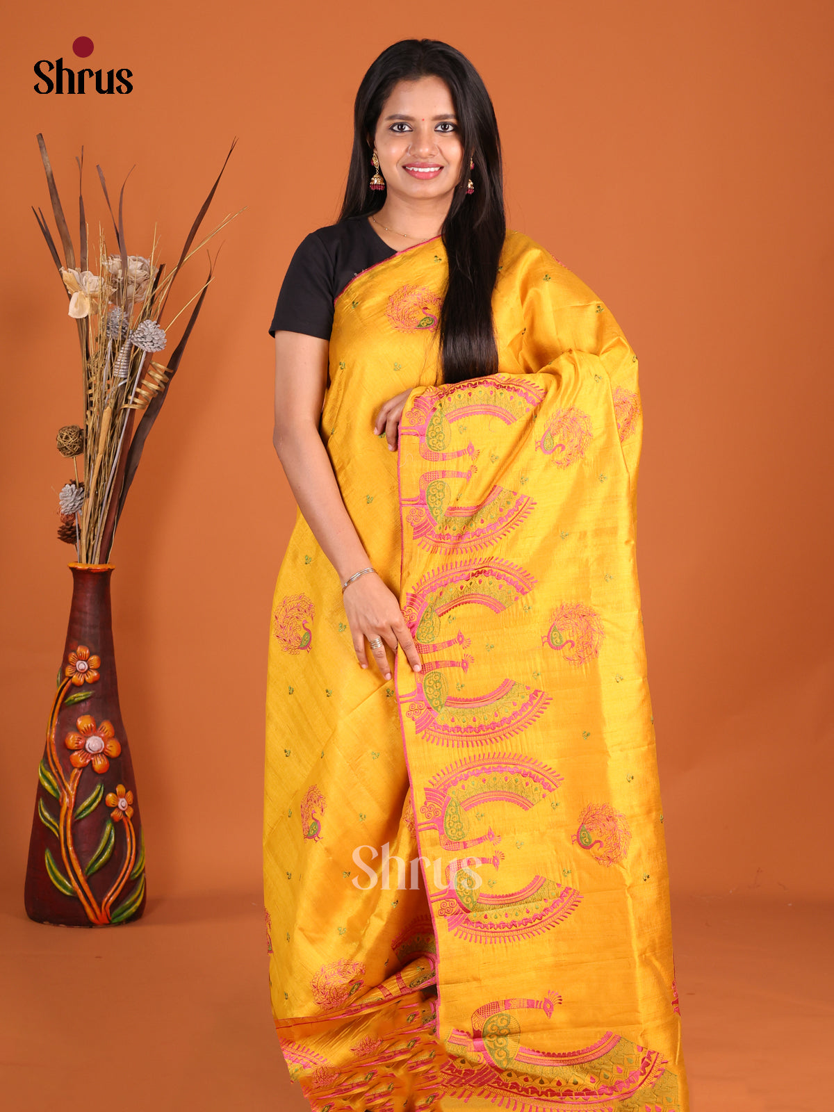 Mustard- Semi Rawsilk Saree - Shop on Shrus.com