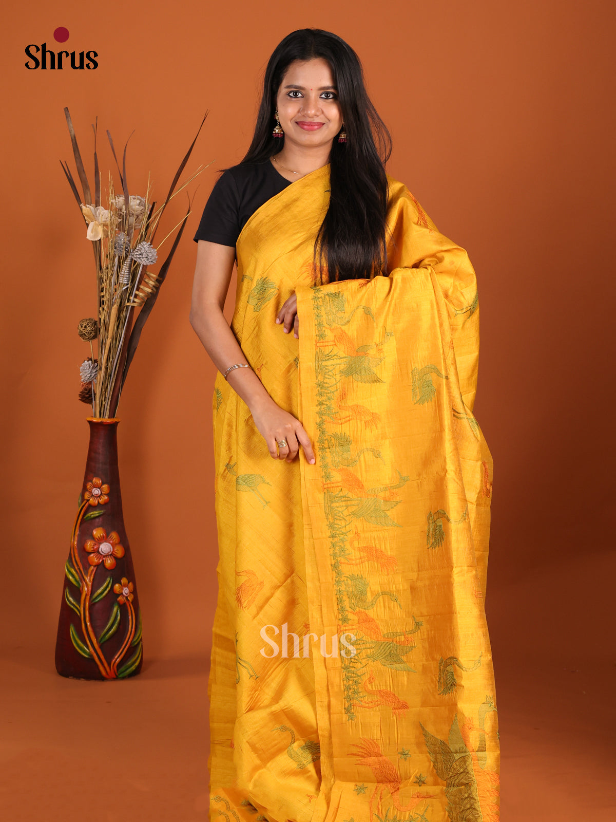 Yellow - Semi Rawsilk Saree - Shop on Shrus.com