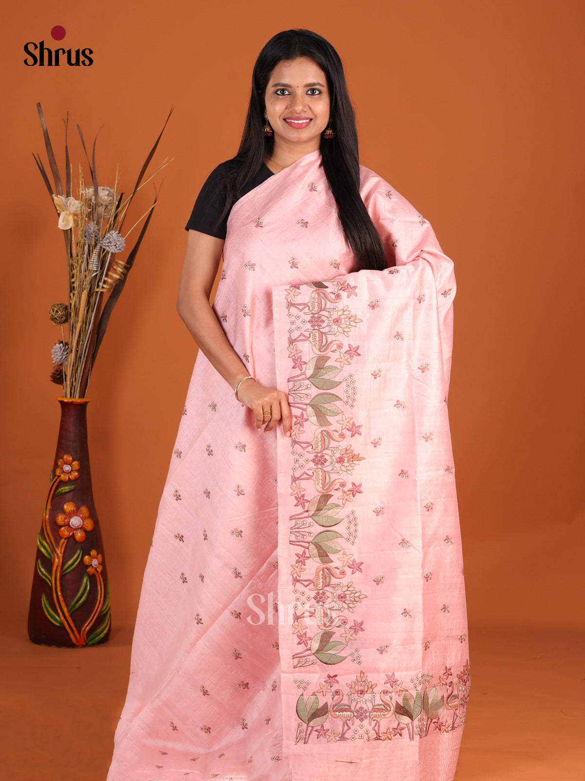 Pink- Semi Rawsilk Saree - Shop on Shrus.com