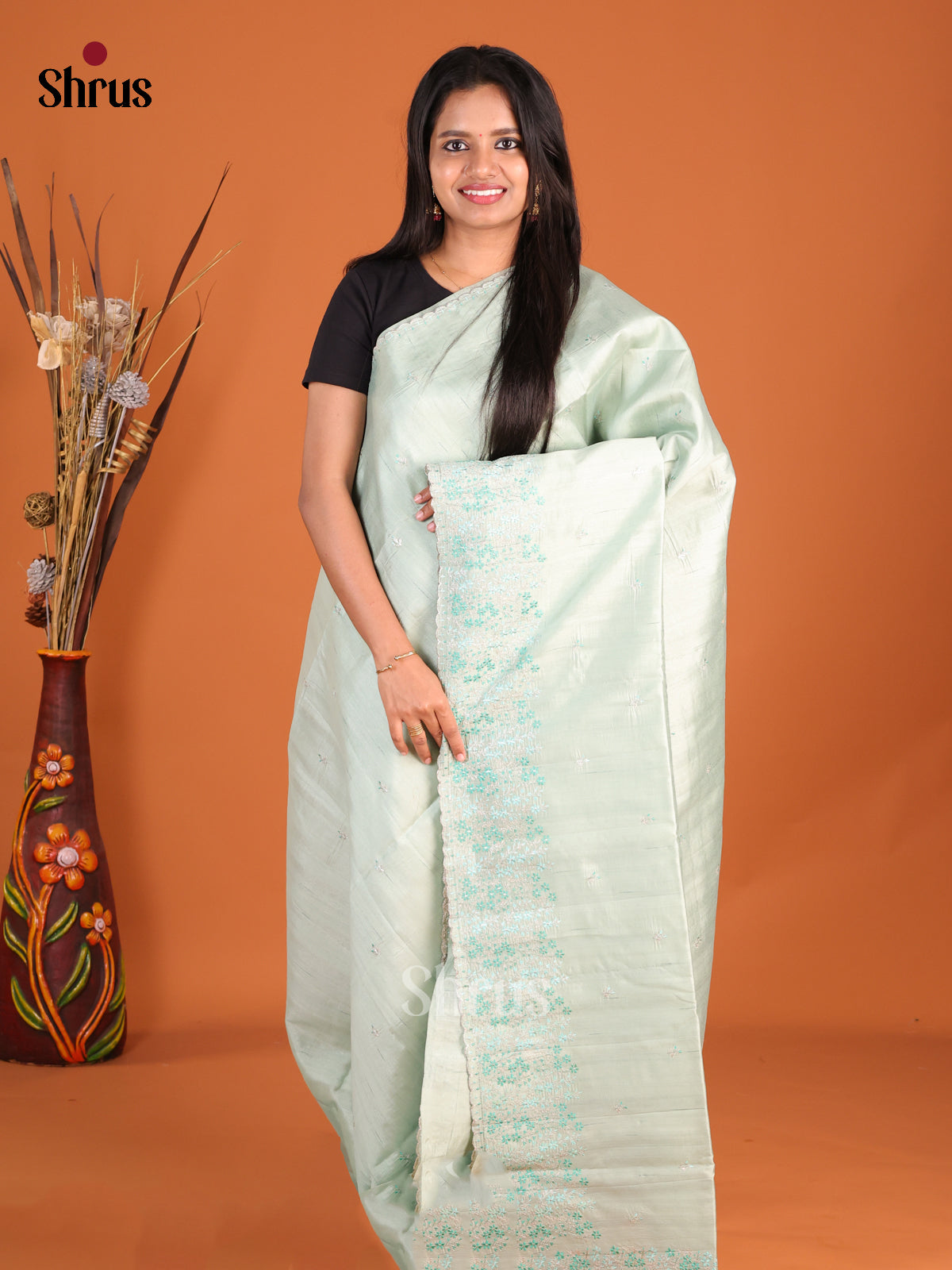 Ice Green- Semi Rawsilk Saree - Shop on Shrus.com