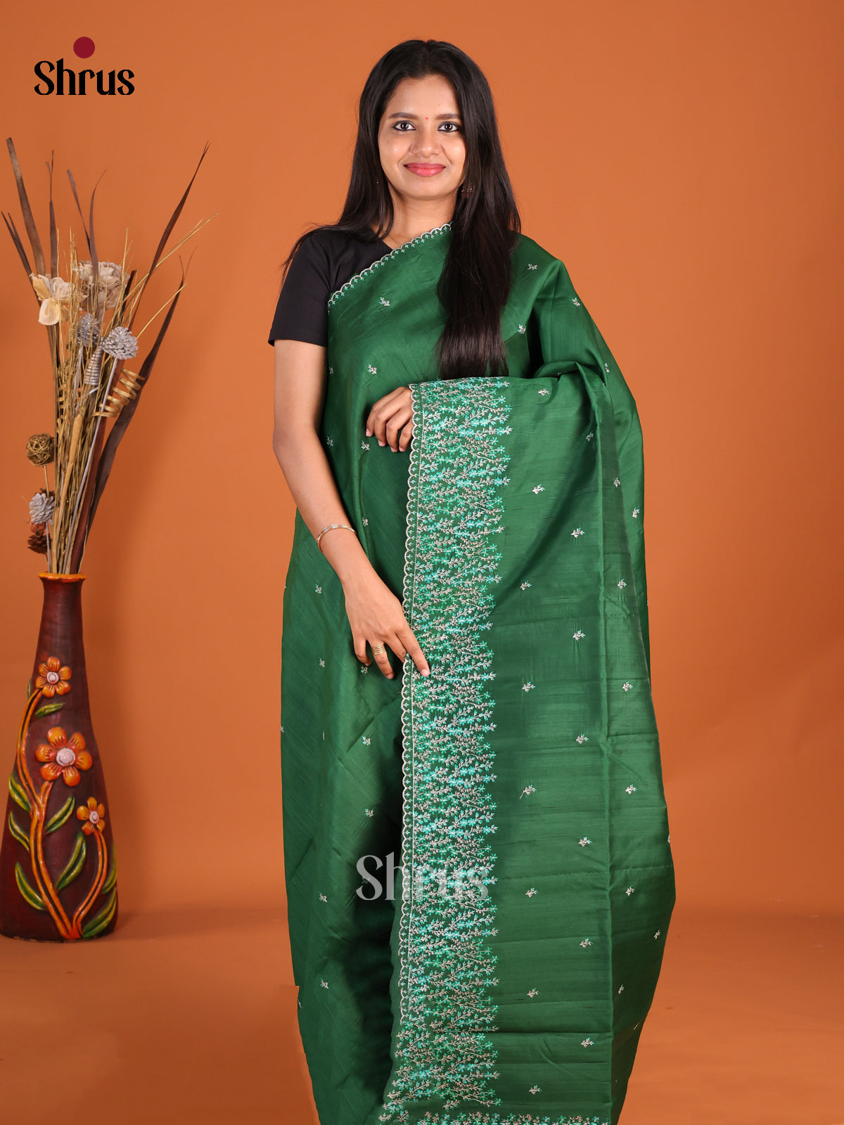 Green - Semi Rawsilk Saree - Shop on Shrus.com