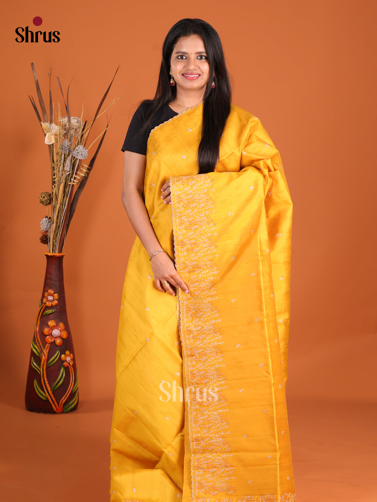Mustard- Semi Rawsilk Saree - Shop on Shrus.com
