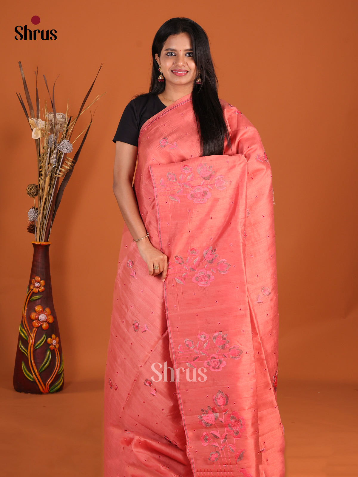 Orangish Pink & Maroon - Semi Rawsilk Saree - Shop on Shrus.com