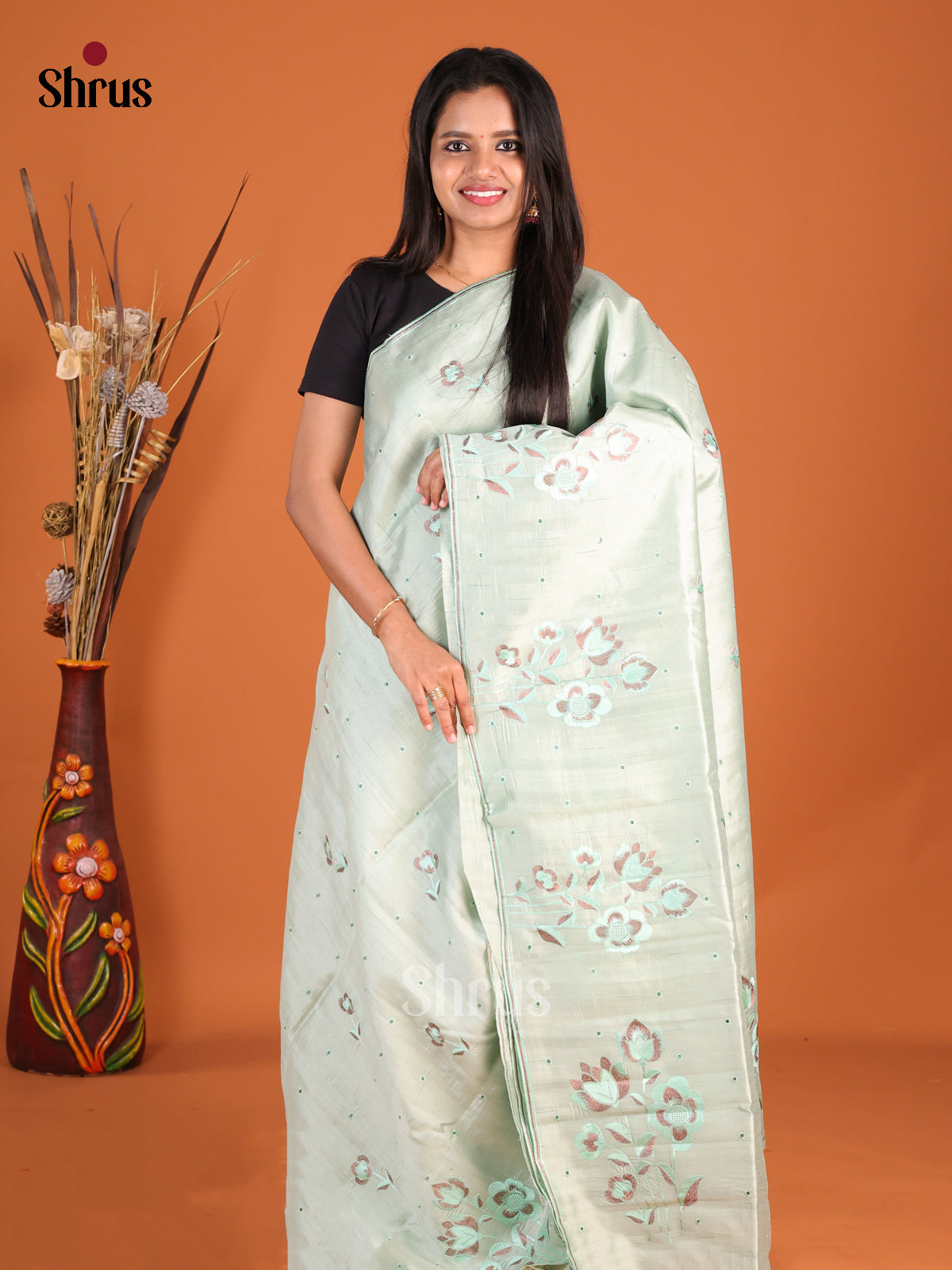 Ice Green- Semi Rawsilk Saree - Shop on Shrus.com