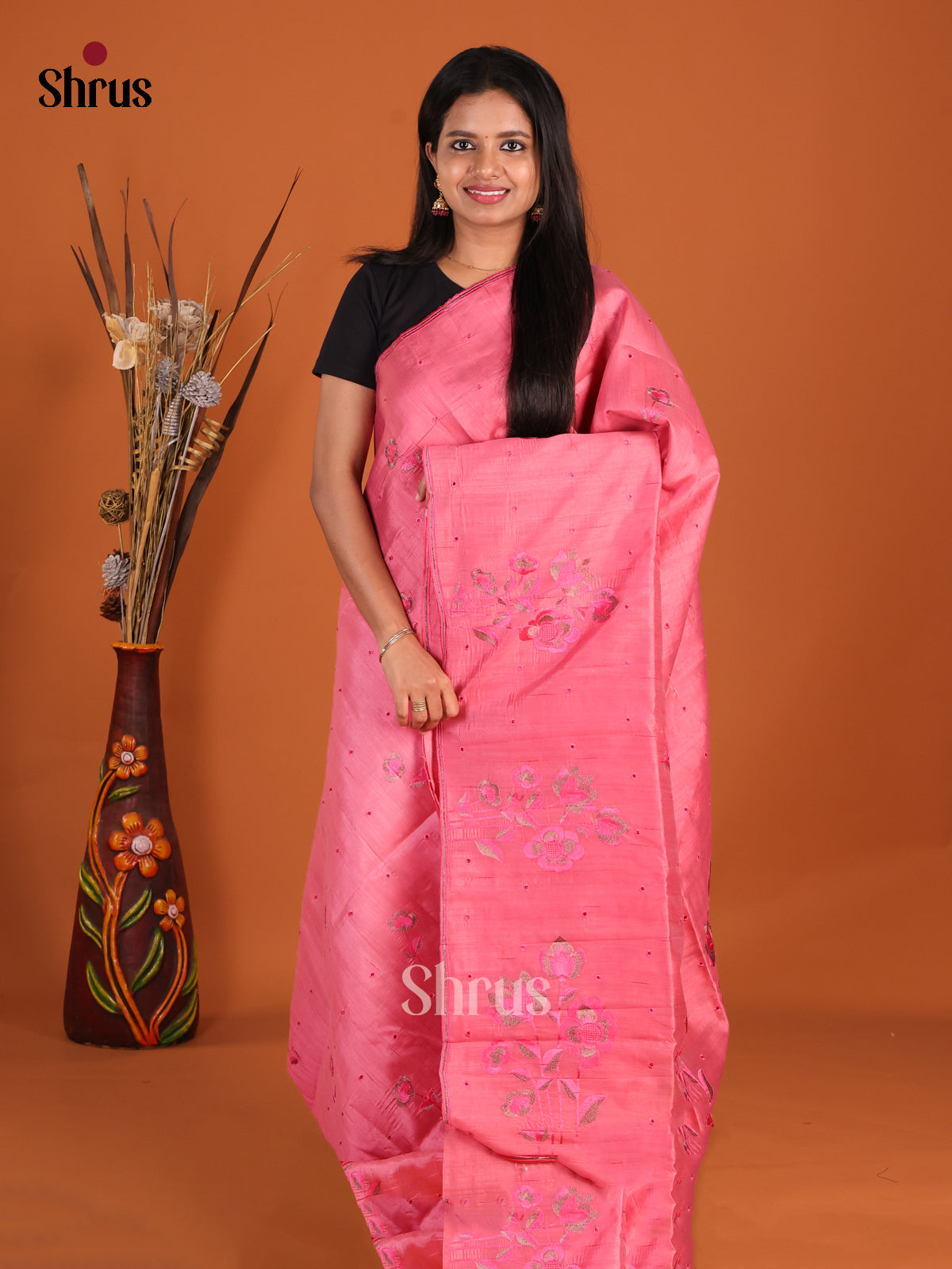 Pink - Semi Rawsilk Saree - Shop on Shrus.com