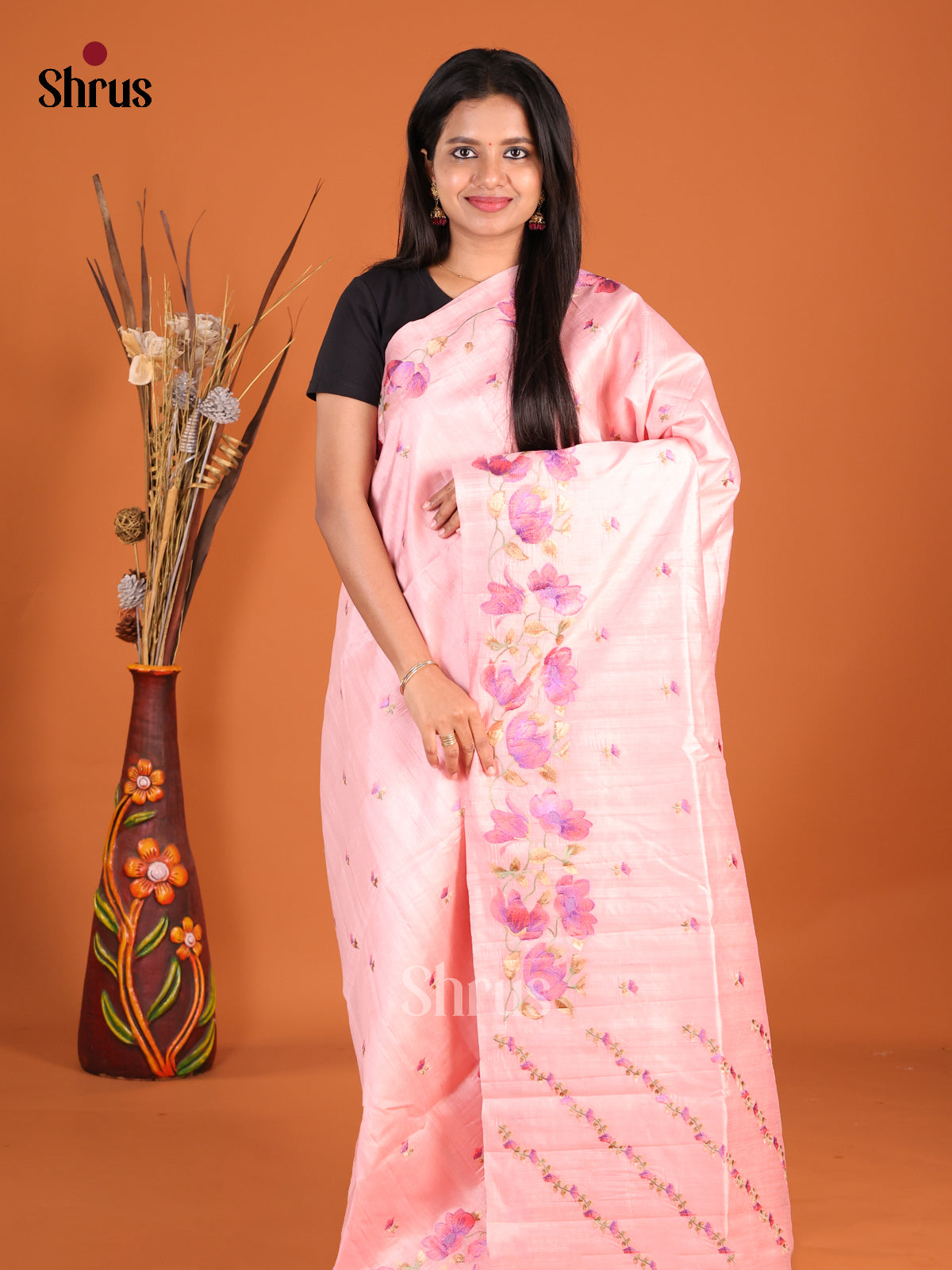Pink- Semi Rawsilk Saree - Shop on Shrus.com