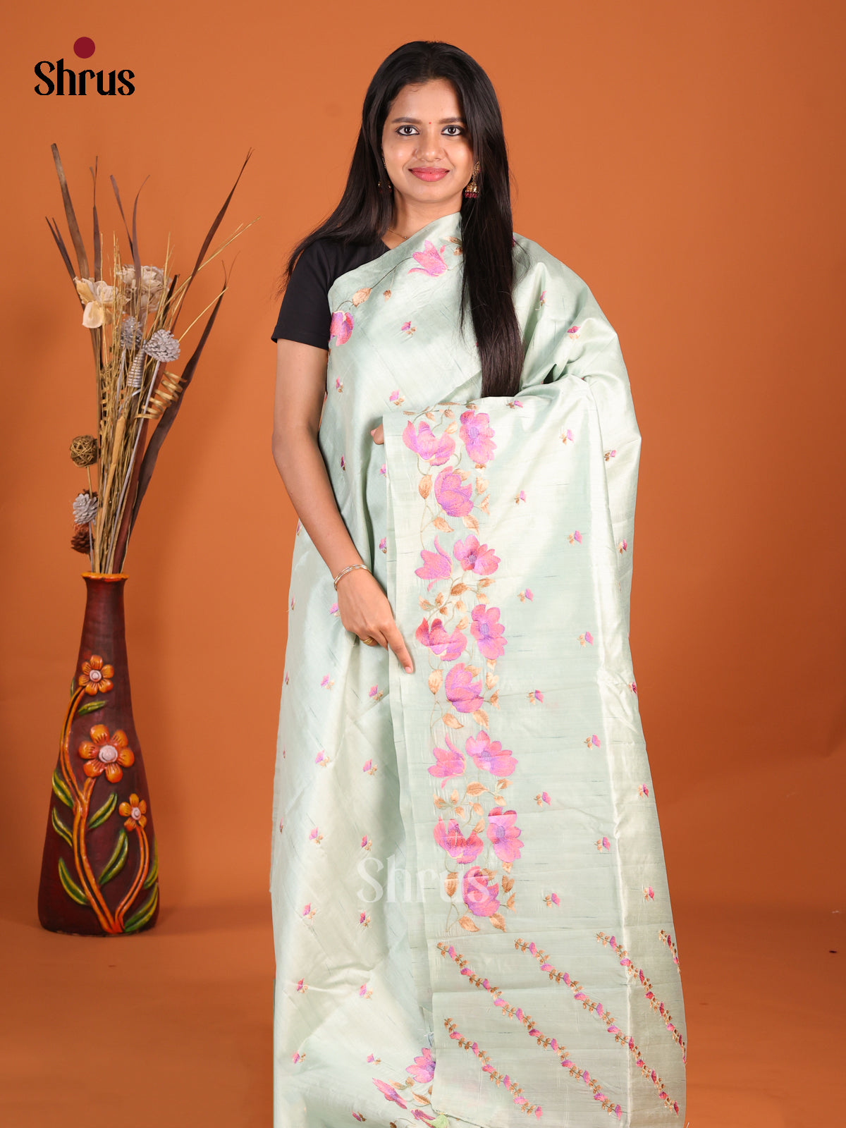 Ice green - Semi Rawsilk Saree