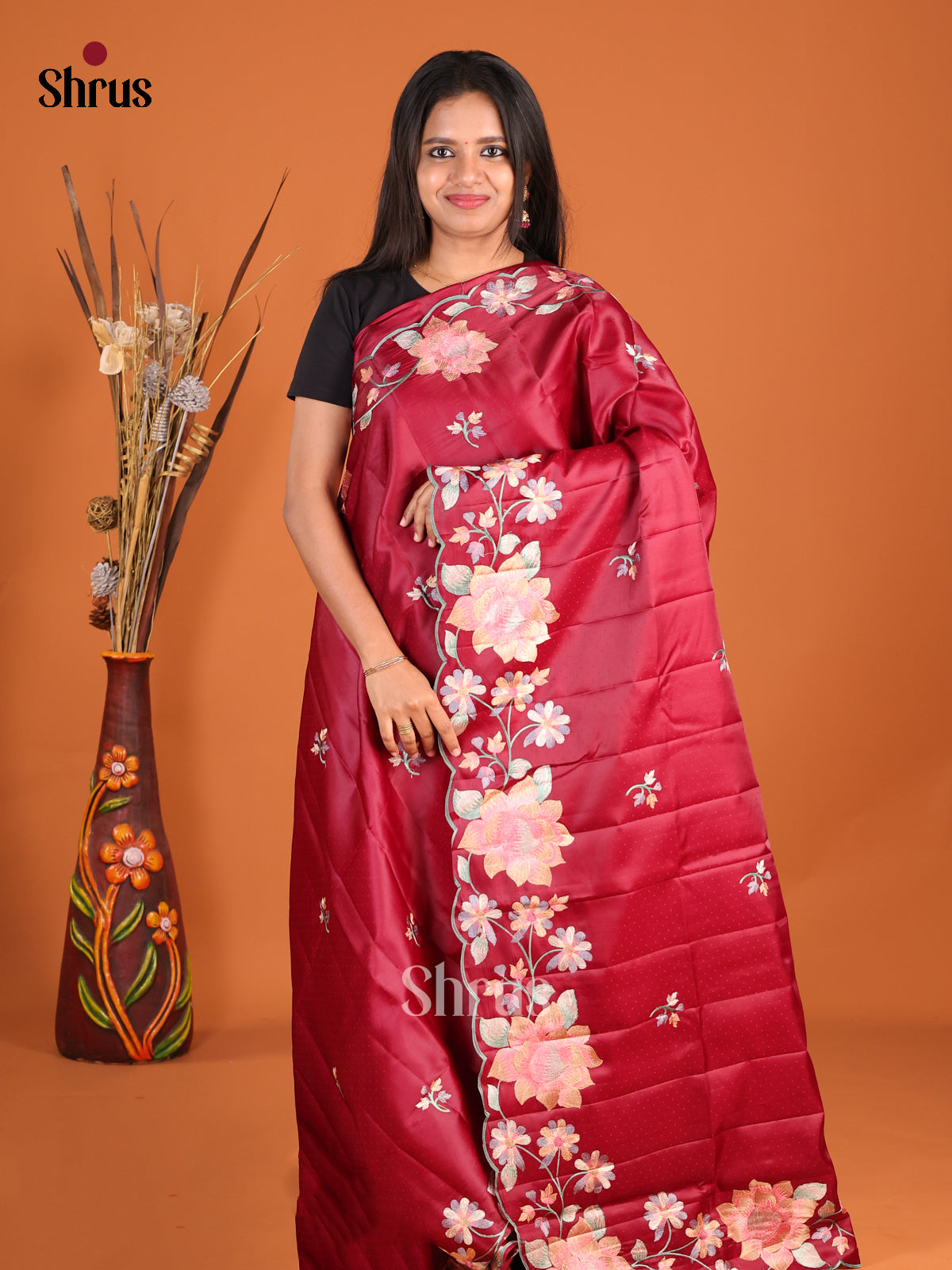 Maroon - Semi Rawsilk Saree - Shop on Shrus.com