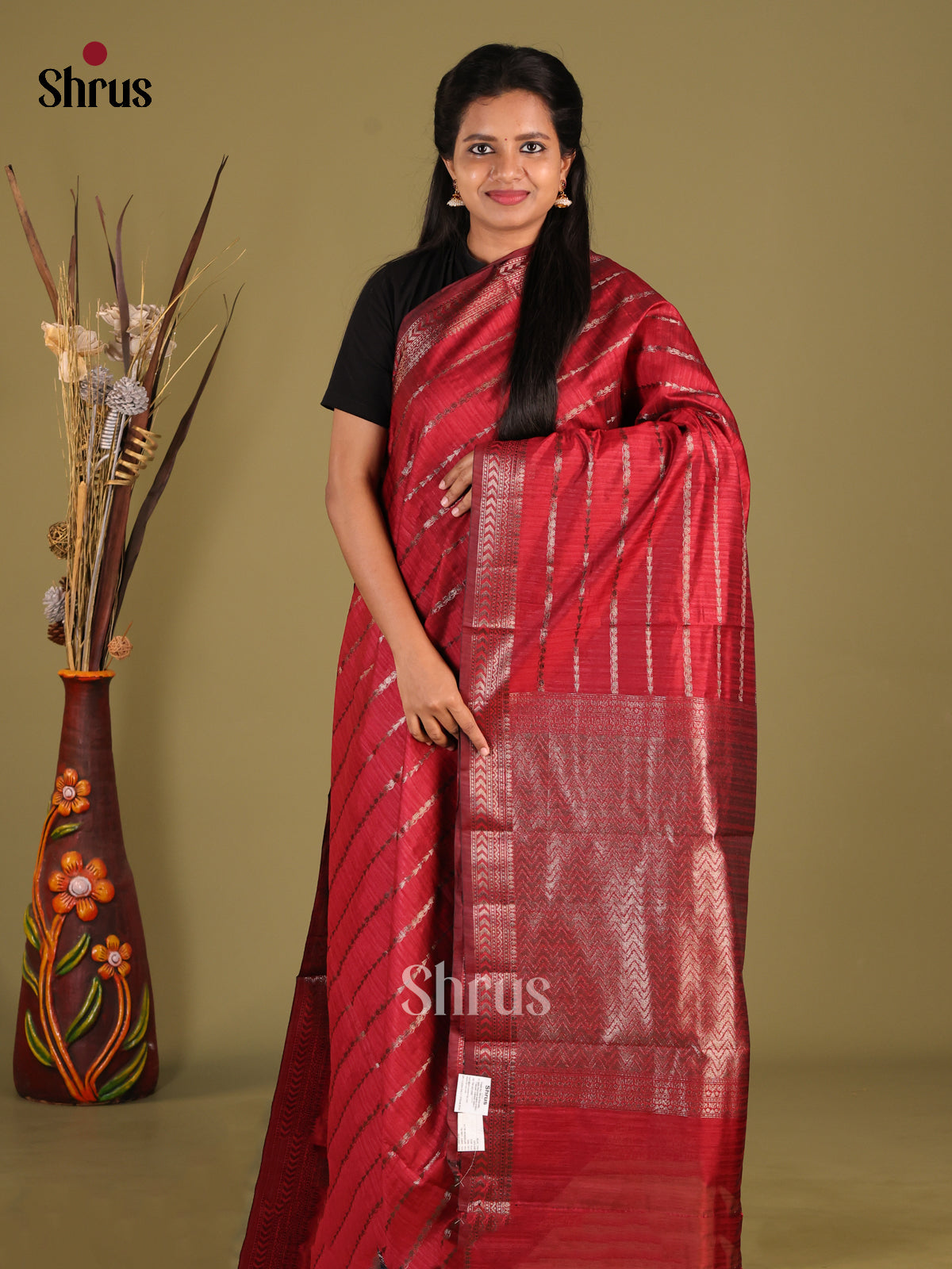 Maroon- Semi Jute Saree - Shop on Shrus.com