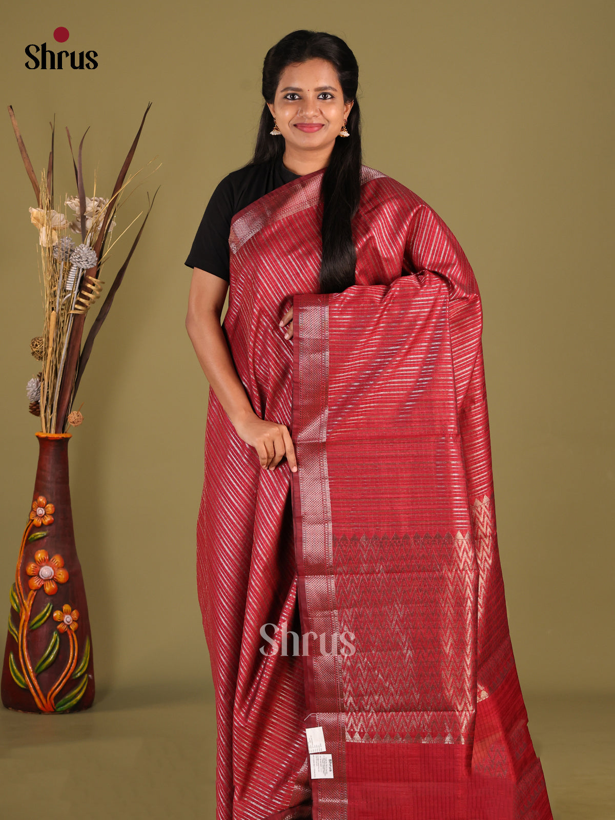 Maroon - Semi Jute Saree - Shop on Shrus.com