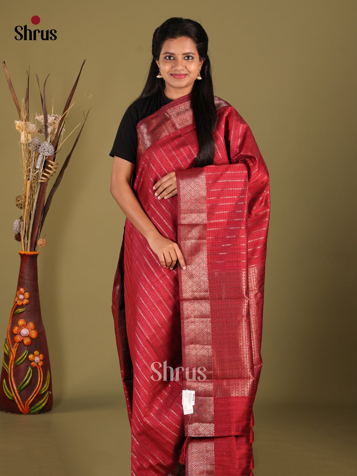 Maroon - Semi Jute Saree - Shop on Shrus.com