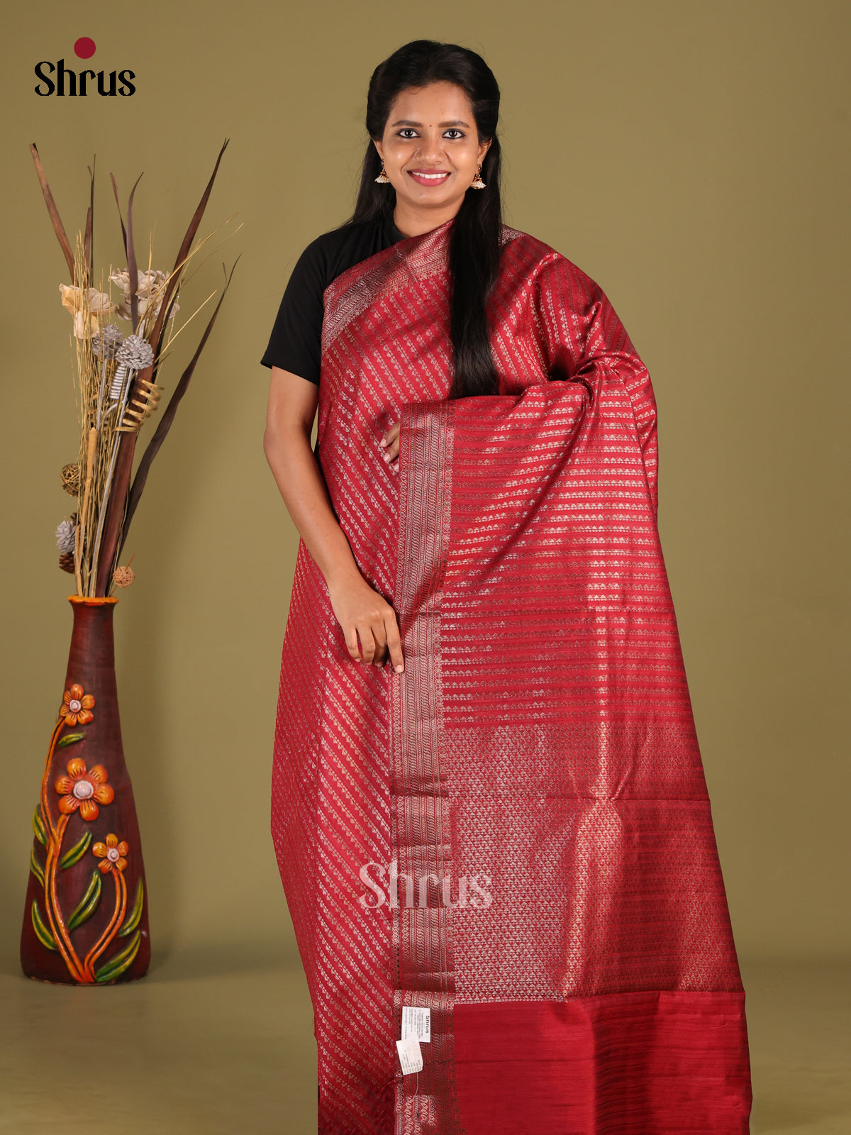 Maroon- Semi Jute Saree - Shop on Shrus.com