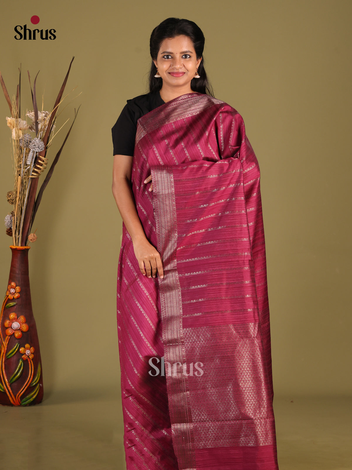 Maroon- Semi Jute Saree - Shop on Shrus.com
