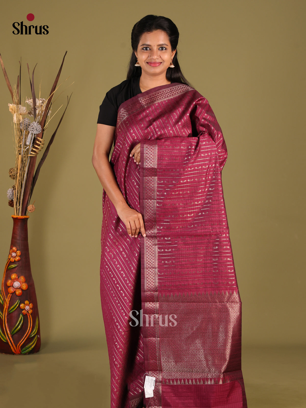 Maroon - Semi Jute Saree - Shop on Shrus.com