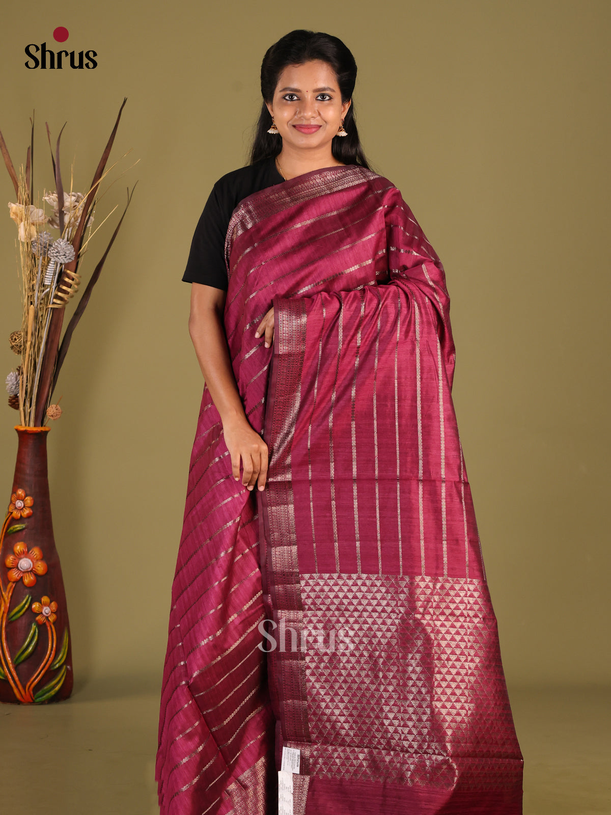 Maroon - Semi Jute Saree - Shop on Shrus.com