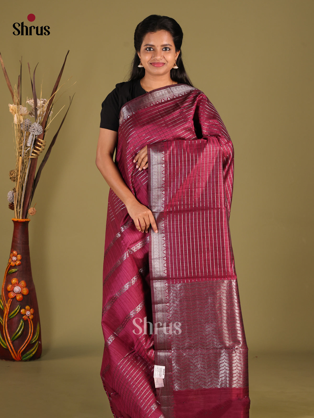 Maroon - Semi Jute Saree - Shop on Shrus.com